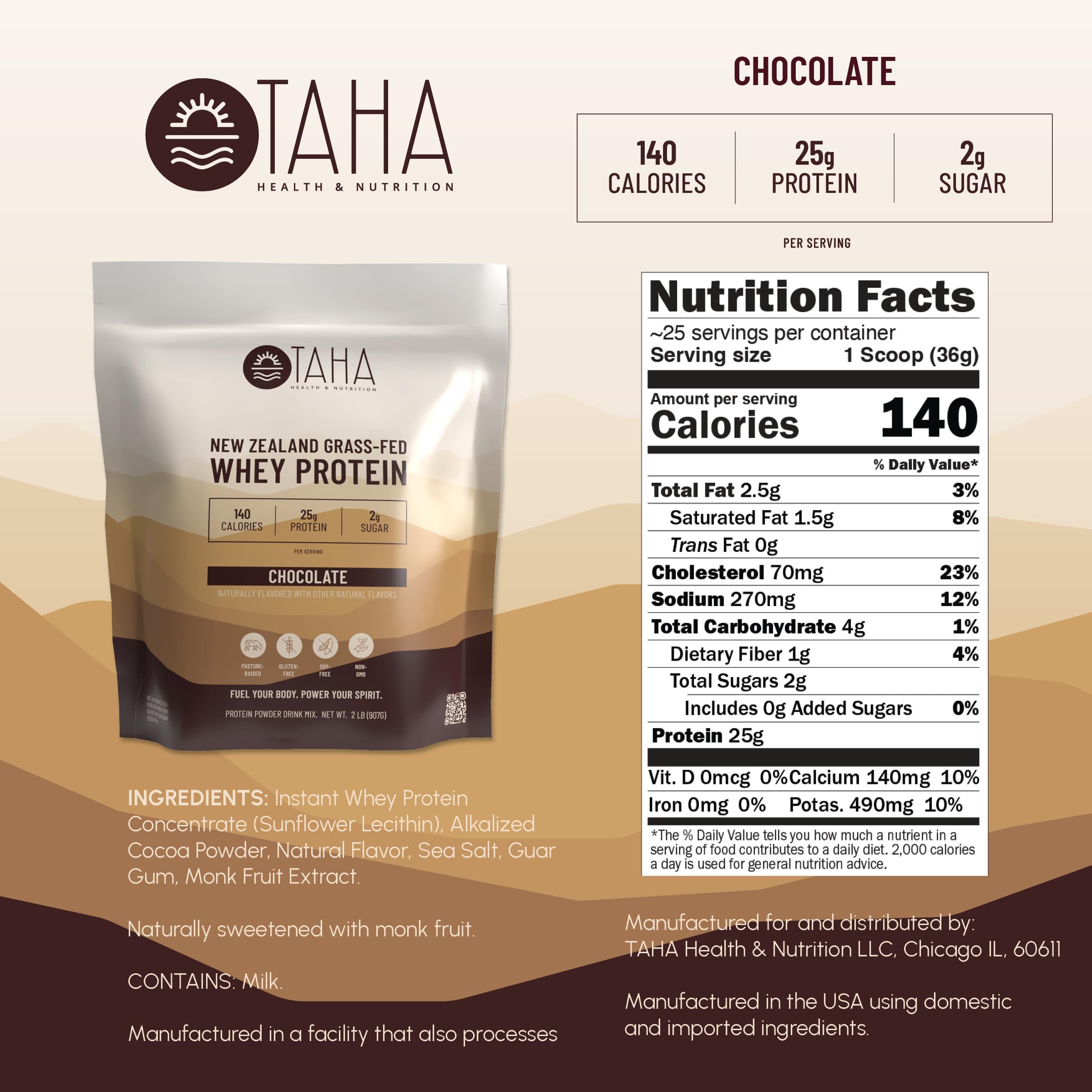 TAHA Chocolate Whey Protein Concentrate, 25g Protein, Grass-Fed, 2lb — Amazon image 2