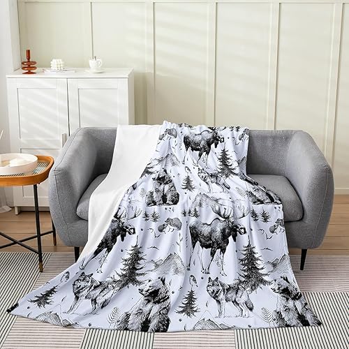 Manta de oso para decoración rústica de habitación de cabaña, manta de franela de pino y pino gris, tamaño Queen de 90 x 90 pulgadas, manta de forro