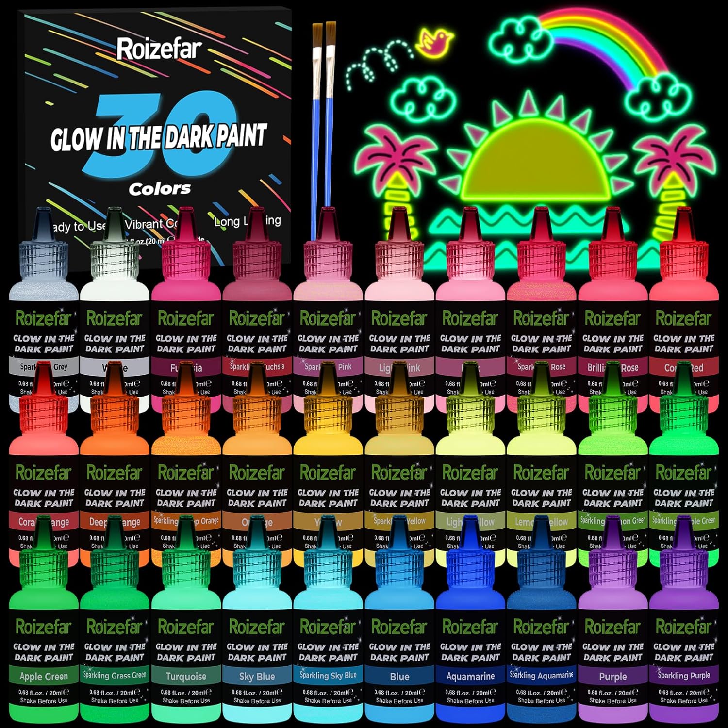 Roizefar Glow in the Dark Paint, 30 Colors Neon Acrylic Paint with Sparkling Colors (20 ml/0.68 oz), 3D Fabric Paint for Clothes, Art Painting, Halloween and Christmas Decoration