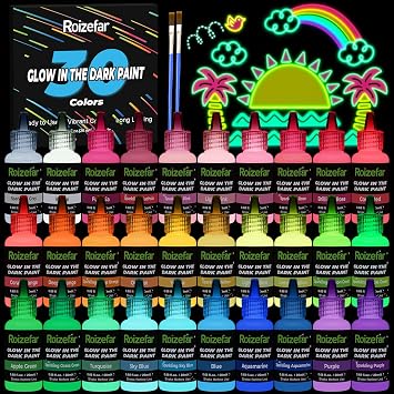 Roizefar Glow in the Dark Paint, 30 Colors Neon Acrylic Paint with Sparkling Colors 20 ml/0.68 oz, 3D Fabric Paint for Clothes, Art Painting, Halloween and Christmas Decoration