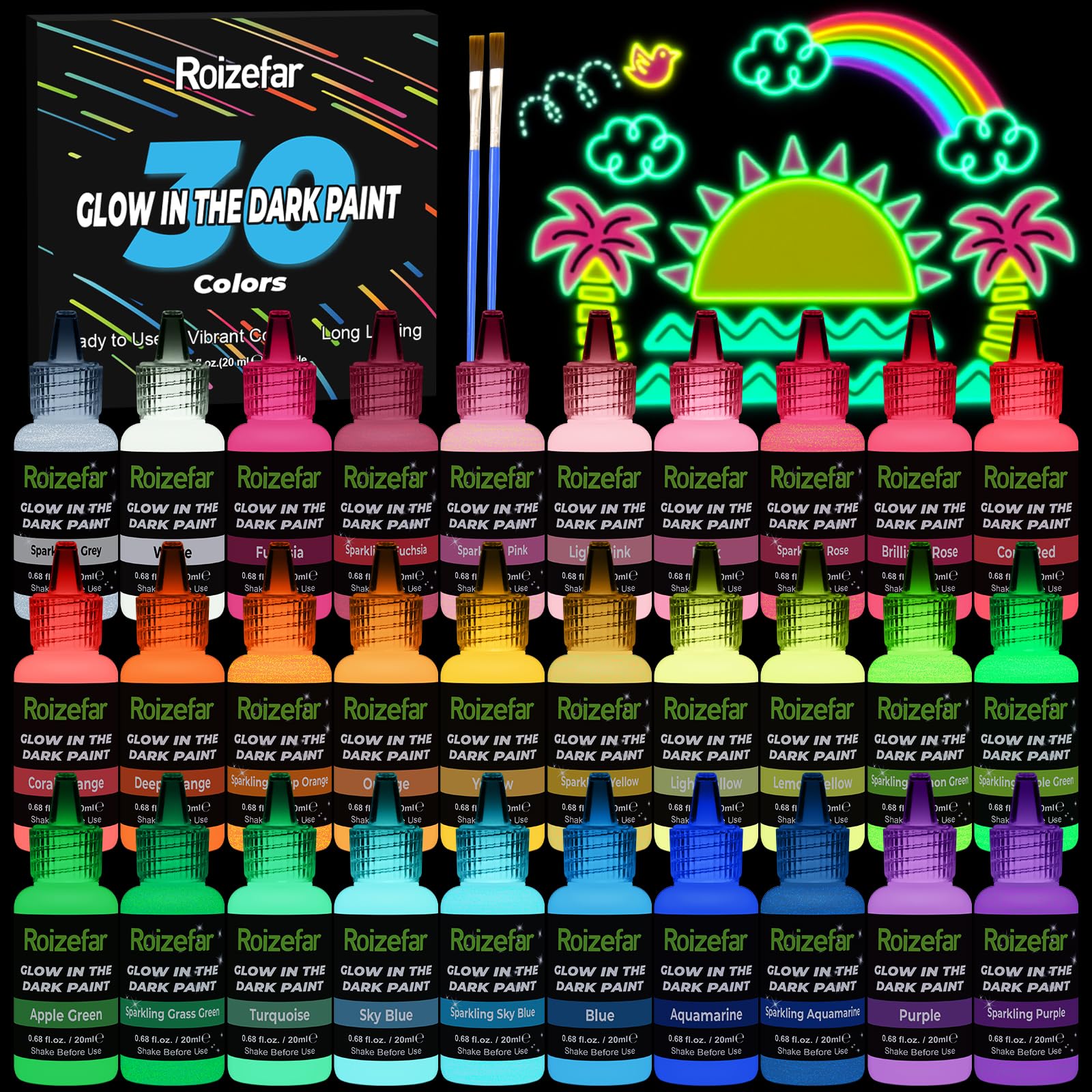 Roizefar Glow in the Dark Paint, 30 Colours x 20 ml Paints, Long-Lasting Sparkling Luminous Glow Fabric Paint for T-Shirt, Canvas, Ideal for Art Supplies and DIY Decoration