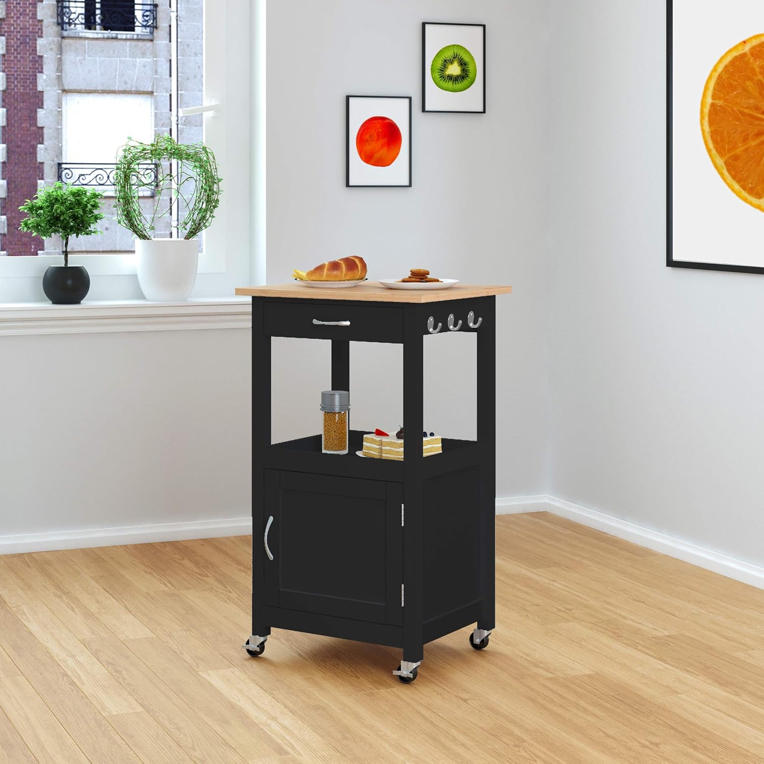 eHemco Kitchen Island Cart on Wheels with Drawer, Storage Cabinet, Shelf and Natural Solid Hardwood Top, Black Base