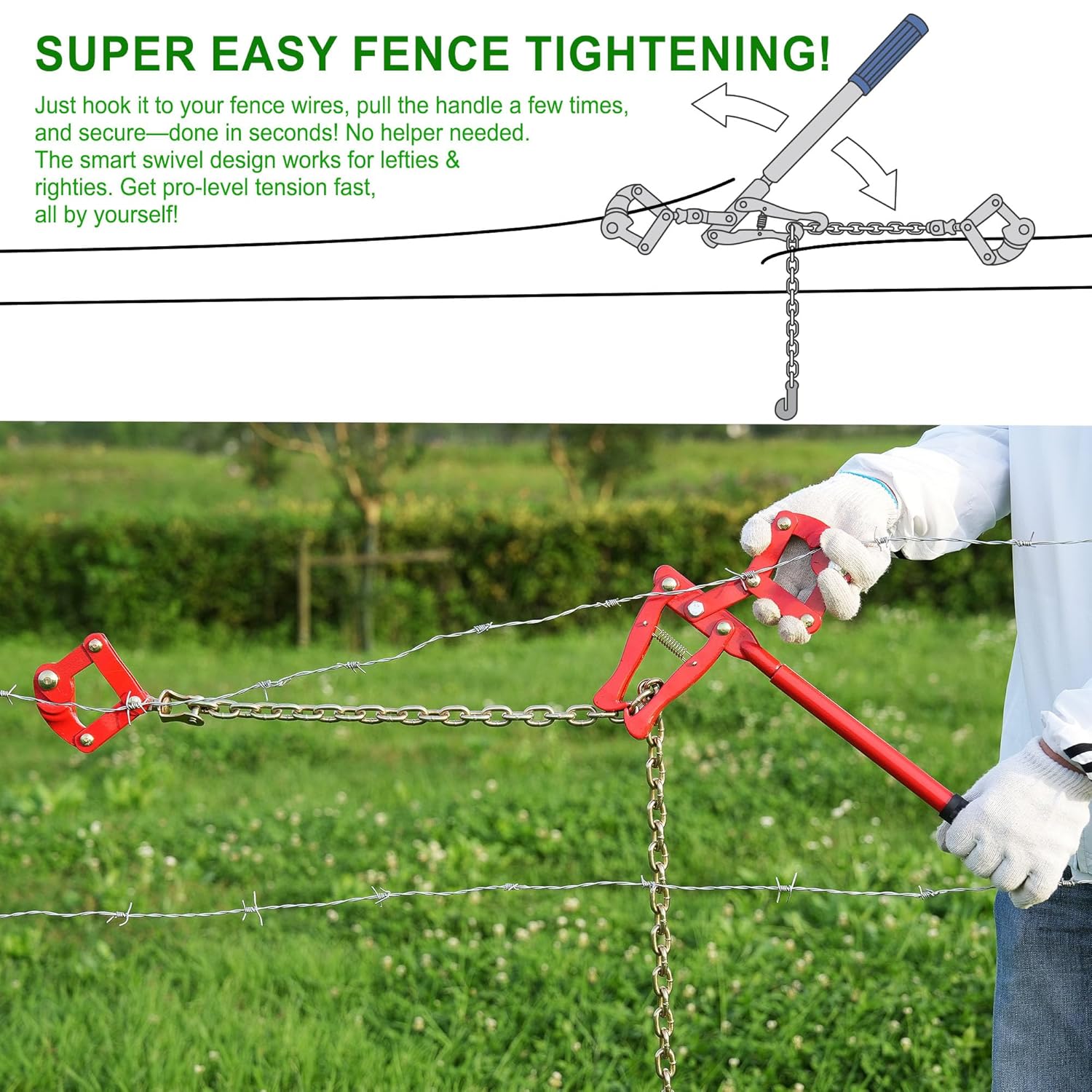 Chain Fence Strainer Plain Barbed Woven Wire Stretcher Tool for Center & End Post Pull, Carbon Steel Fence Tensioner Repair Tool, 47.25" Chain Capacity 2200lbs Farm, Ranch (Red, 1 Pack)