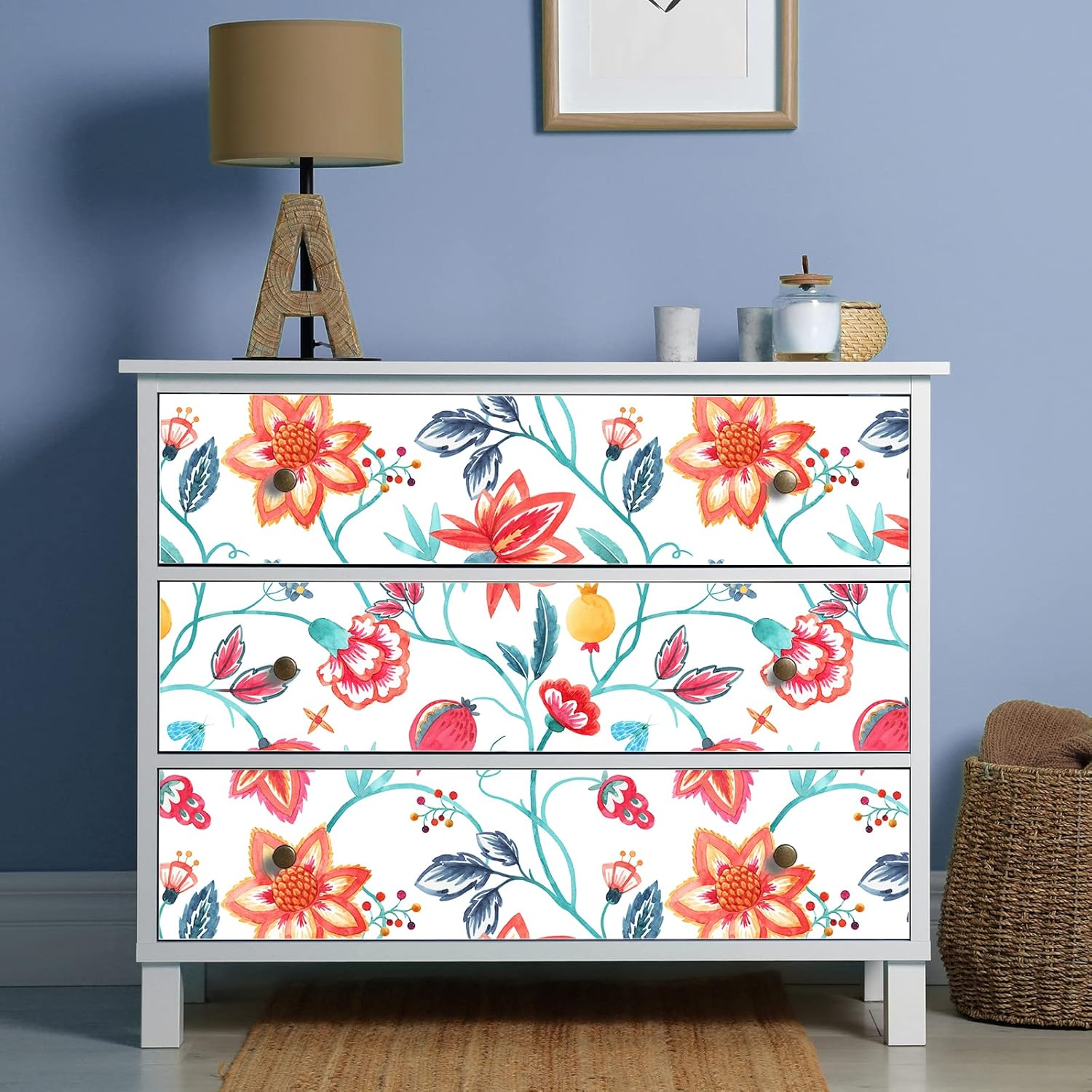 VaryStyle 17.7"x393" Orange and Red Floral Peel and Stick Wallpaper Blue Leaf Colorful Flower Contact Paper Self Adhesive Waterproof Removable Wall Paper for Home Decor Bedroom Bathroom Cabinets