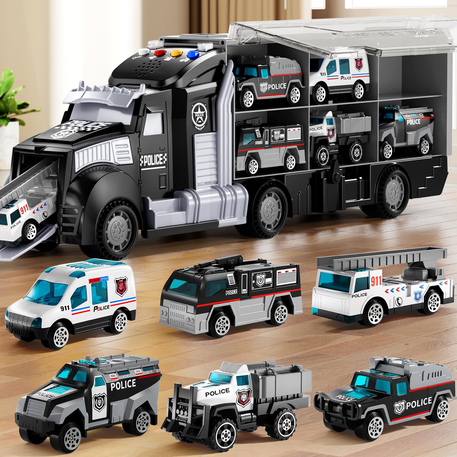 NIPLOOOW Police Trucks Toy Set with Play Mat, Carrier Truck Play Vehicles Set for 3 4 5 6 Years Old Boys Kids, Die-Cast Car Toy for Toddlers 3-4 Years