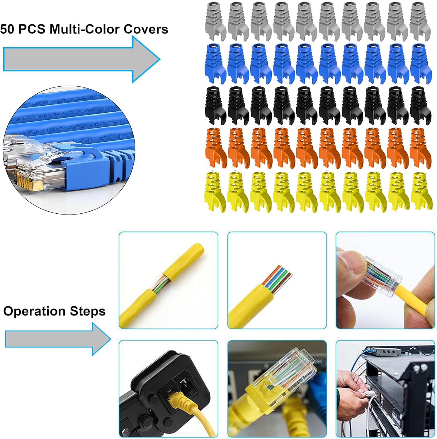 LEATBUY Crimper Cat5/Cat5e/Cat6 Crimping Tool RJ45 Crimp Tool Set for RJ11/RJ12 Pass Through for Regular End-Pass-Through with 50PCS Connectors, 50PCS Covers Network Wire Stripper(BLUE)