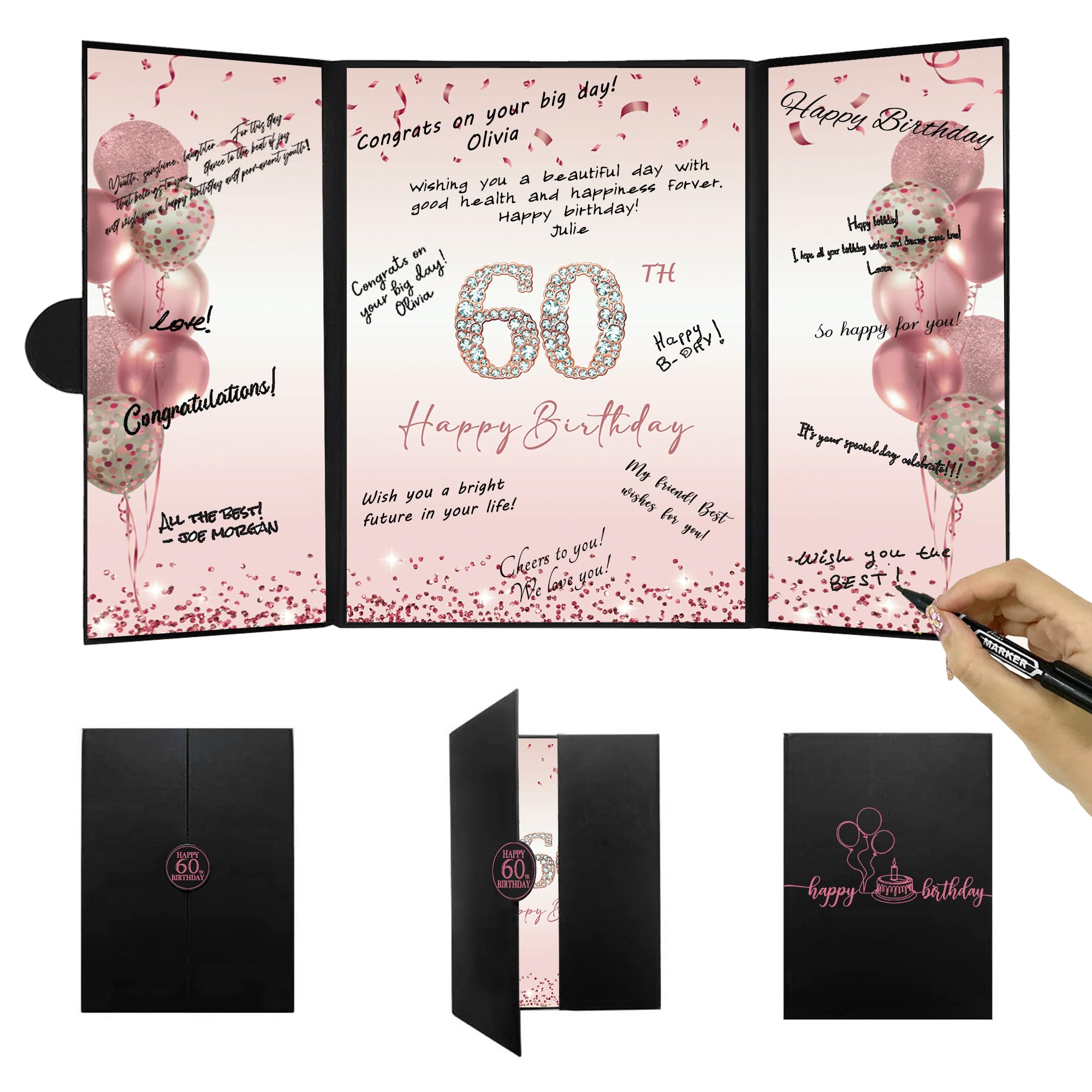 DARUNAXY Black &amp; Rose Gold 60th Birthday Alternative Signature Guest Book