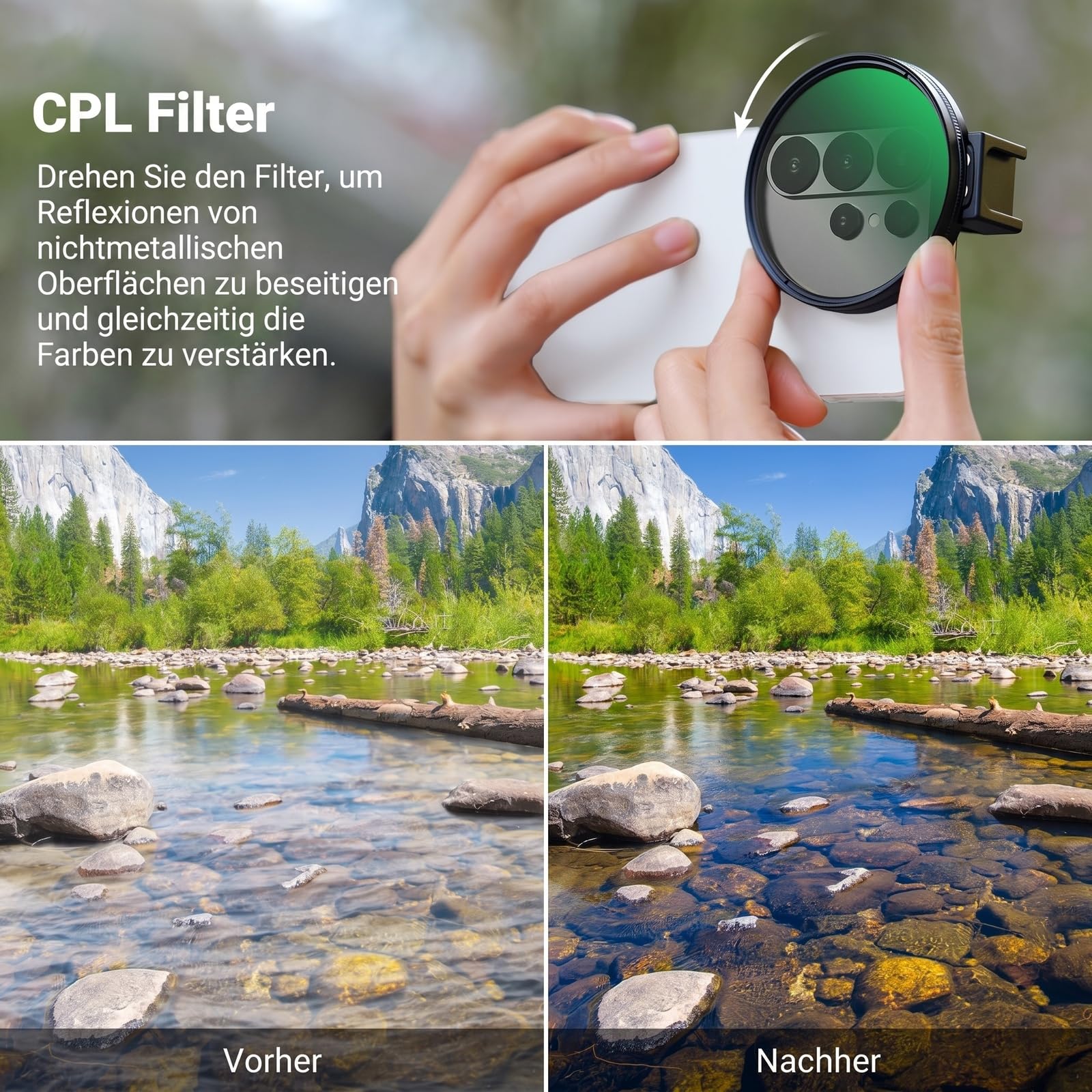 NEEWER 67mm CPL Filter Handy Polfilter mit Cold Shoe Clip, HD zirkularer Polarisationsfilter mit einstellbarer Polarisation, kompatibel mit Android Samsung S26 Ultra iPhone 17 Pro Max und mehr, FL-113