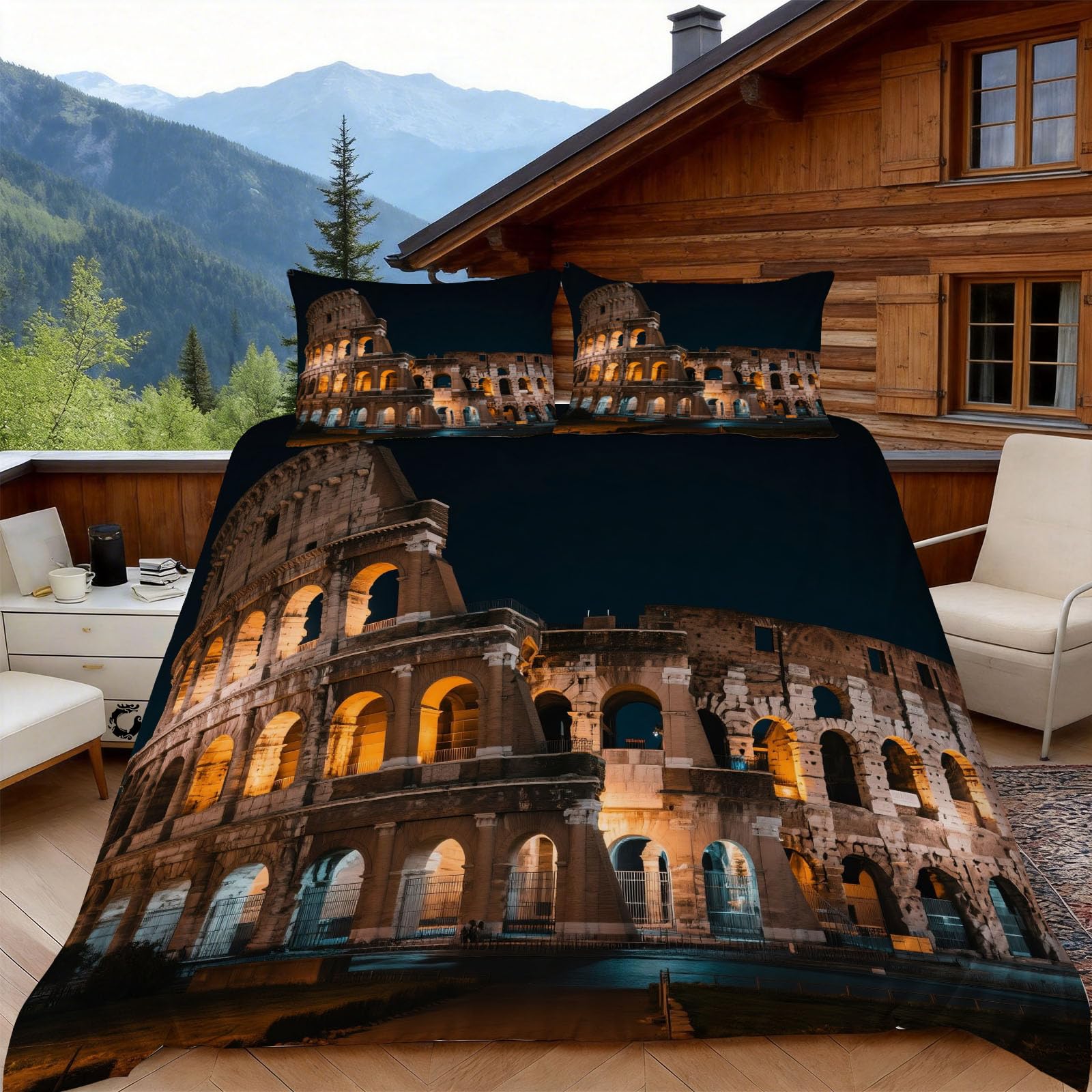 Copripiumino Matrimoniale 260x24 Colosseo Romano, Copripiumino Vista Notturna 3D Microfibra Biancheria da Letto, Duvet Cover con 2 x Federe 50x80 cm
