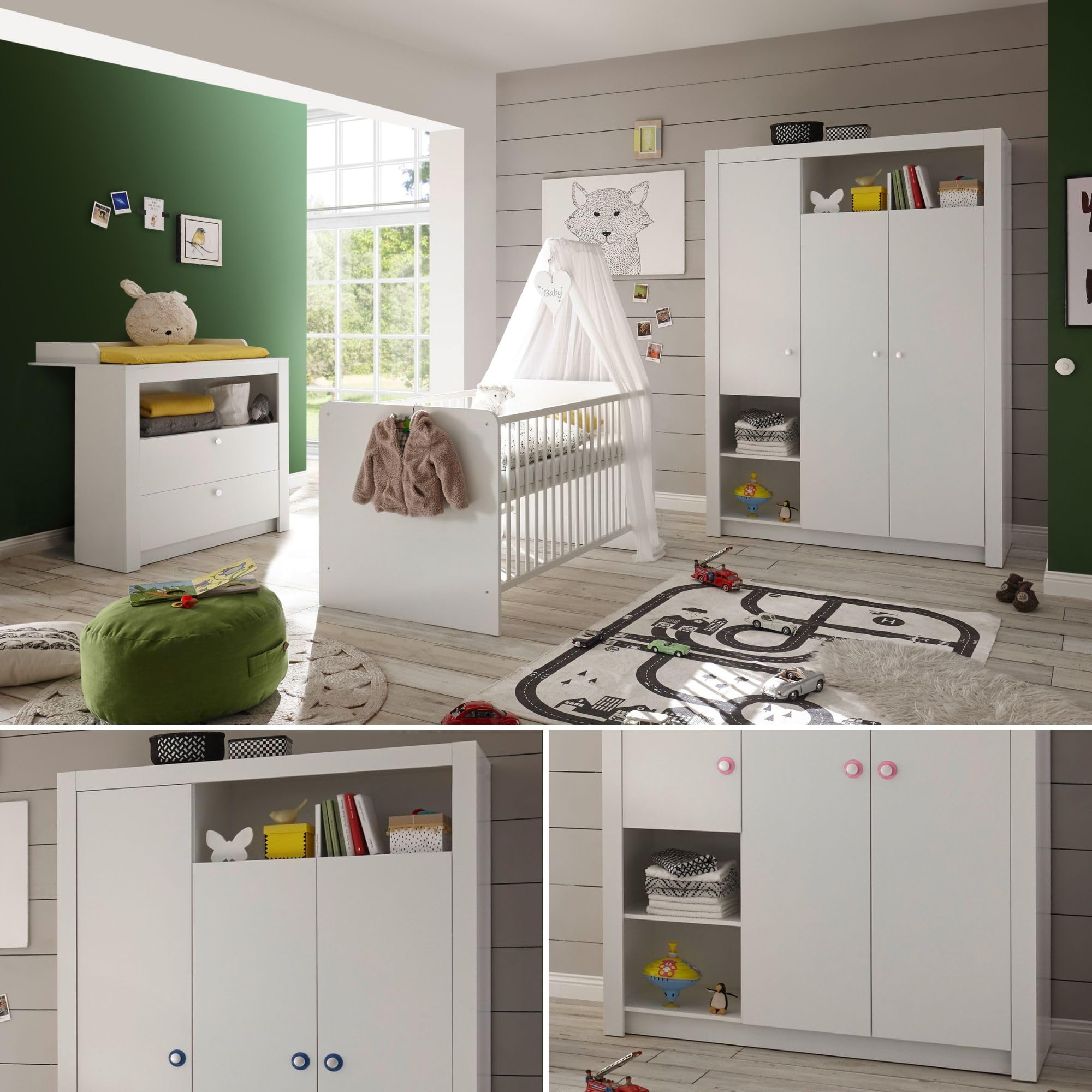 Stella Trading Paula Babyzimmer Komplett-Set in Weiß - Babyzimmer Möbel-Set 3-teilig bestehend aus Kleiderschrank, Babybett & Wickelkommode