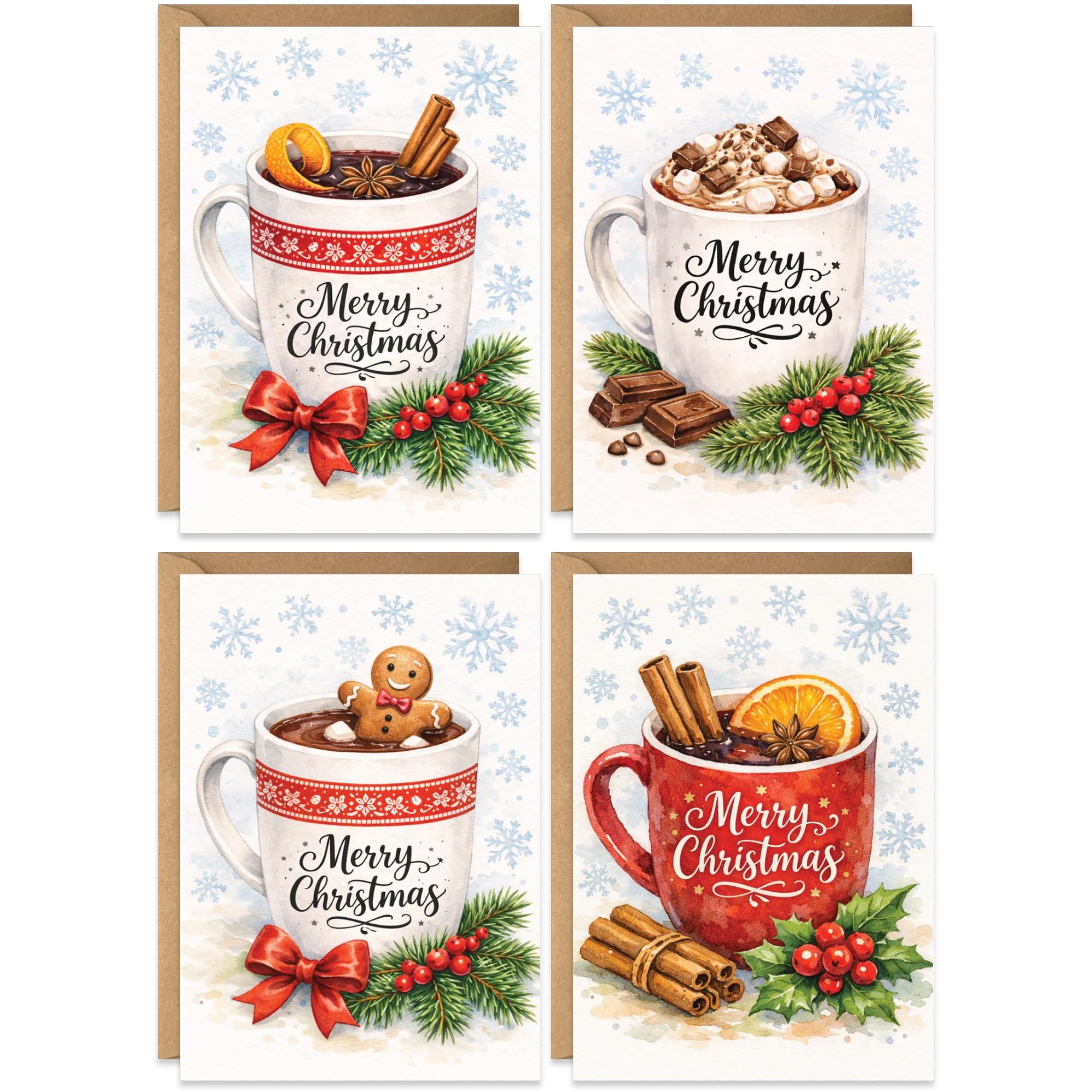 Christmas Cards Bulk Set | 20 Pack Xmas Cards Multipack | 4 Unique Winter Warming Drink Designs, Festive Seasons Greetings For Friends Family, Eco-friendly