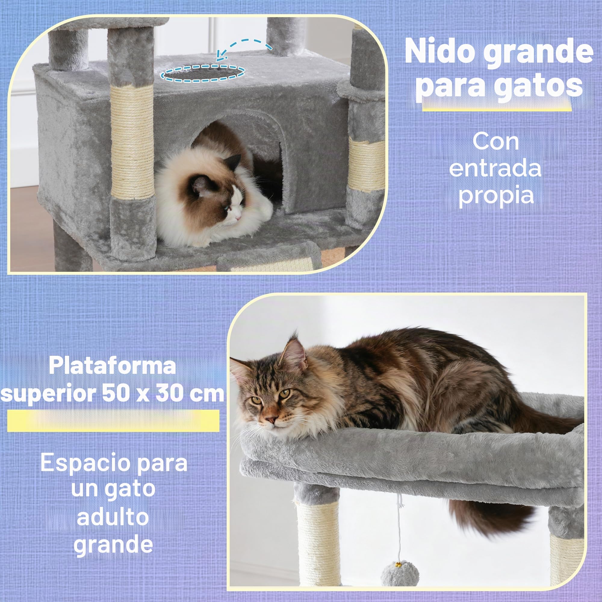 Hey-brother Rascador para Gatos, con Hamaca, Cueva, 2 Plataformas, MPJ080W | 182cm Árbol para Gatos, 2 Cestas Suaves, Rampa Rascadora, Pelota de peluche, para Múltiples Gatos de Interior, Gris Claro