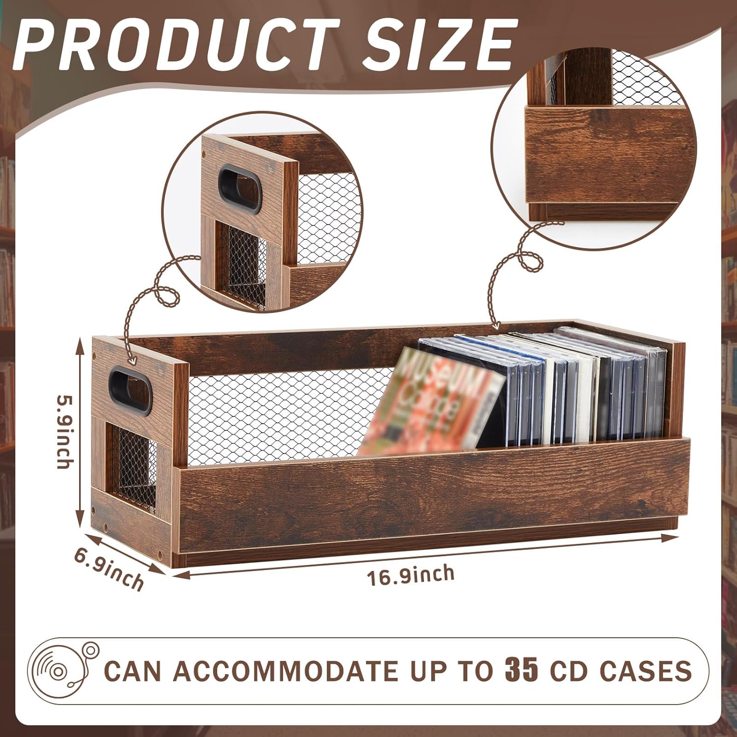 Jetec 1 Set Retro Cd Storage Box Holder Shelf Metal & Wooden Display Racks with Carrying Handles, Cassette Tape Organizer Shelf for Movie Cases, Dvds, Each Set Can Store up to 36 Pcs Cds
