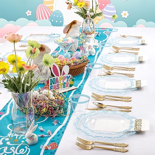 Miniatura 7 de PULOTE Juego de 175 piezas de platos de plástico transparentes y azules - Juego de vajilla desechable con borde azul - Incluye 25 platos de cena, 25