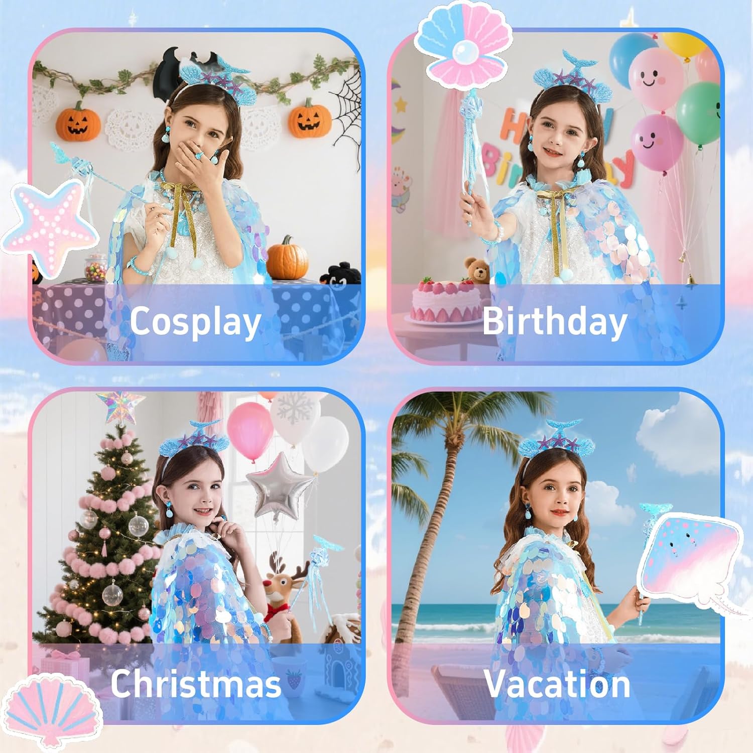 Princess Dress Up Toys Rainbow Mermaid Cape Kit 9 Pcs Gift Set for Little Girls 3-8 Years - Image 7