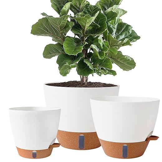 8/10/12 Inch Self Watering Pots for Indoor/Outdoor Plants - Large Plastic Planter with Drainage Holes, Water Level Indicator & Deep Reservoir, Modern Decorative Flower Pots (White)