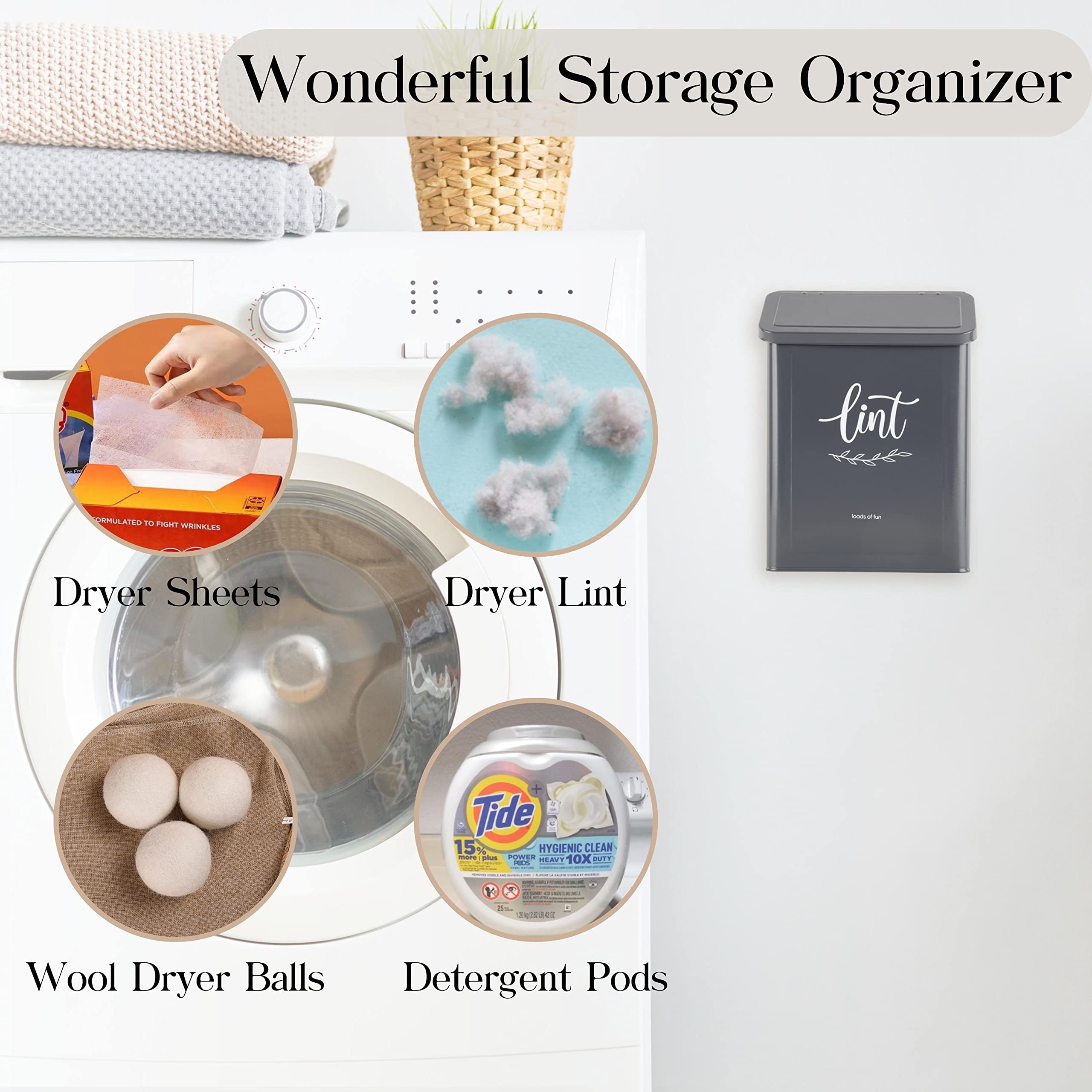 PERFNIQUE Magnetic Lint Bin for Laundry Room with Lint Brush, Wall Mounted Lint Holder Trash can with lid for Dryer, Modern Farmhouse Rustic Metal Laundry Room Storage Organization and Decor(Gray)