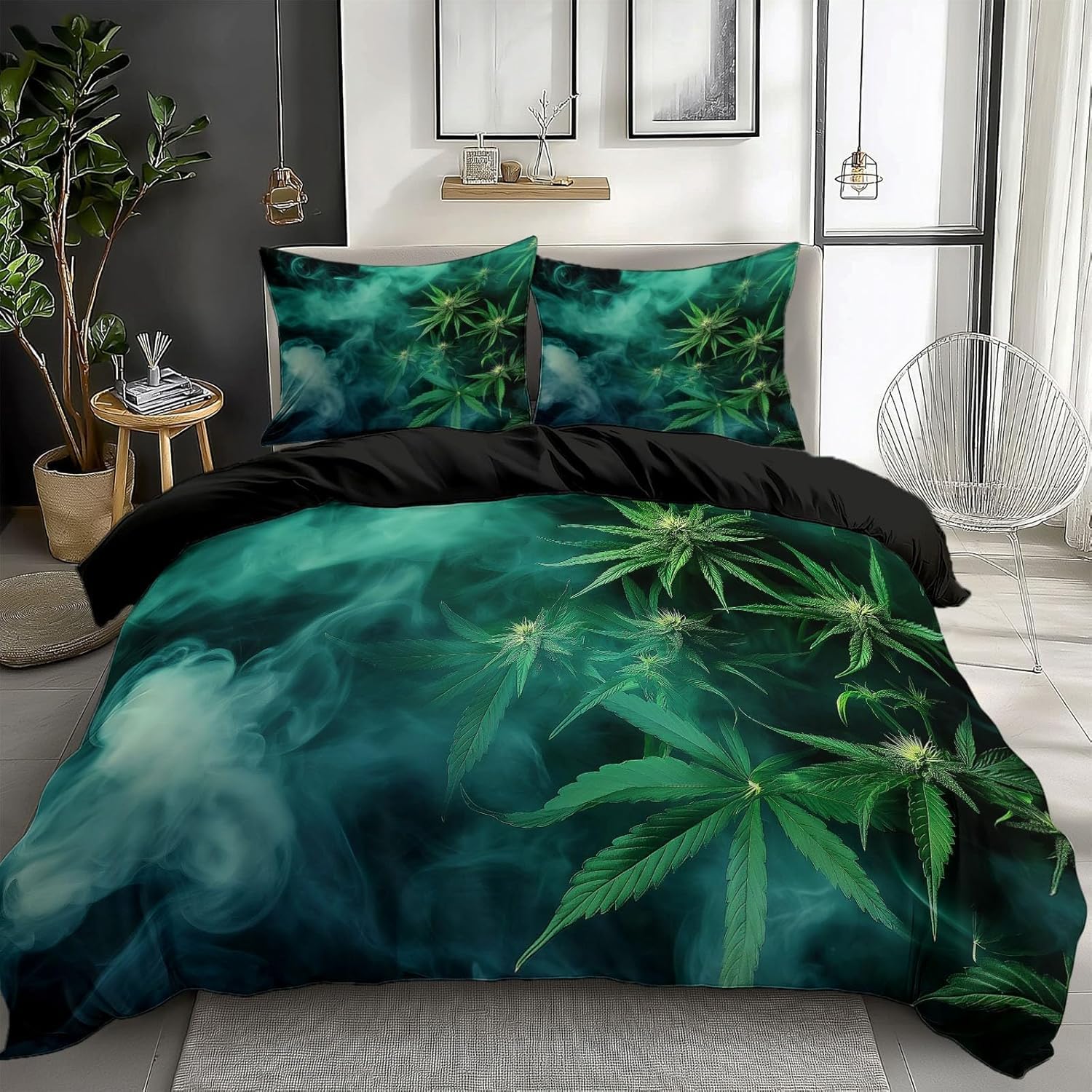 Bettwäsche 135x200 4teilig Grünes Cannabisblatt, 3D Wendebettwäsche Unkraut Microfaser Bettwäsche Set für Kinder 2 Bettbezug 135x200 cm mit 2 Kissenbezug 80x80 cm 1323-ABC