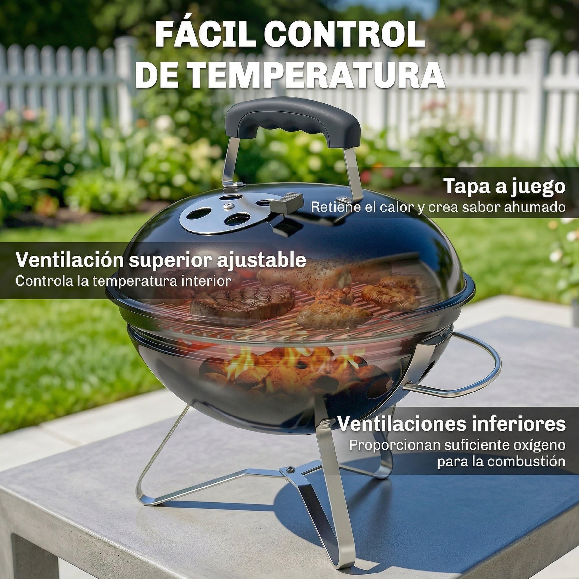 Outsunny Barbacoa de Carbón Portátil, Barbacoa de Carbón Redonda, Tapa con Soporte, Rejilla, Ventilación Ajustable, para Balcón, Picnic, Camping, Ø41x44 cm, Negro
