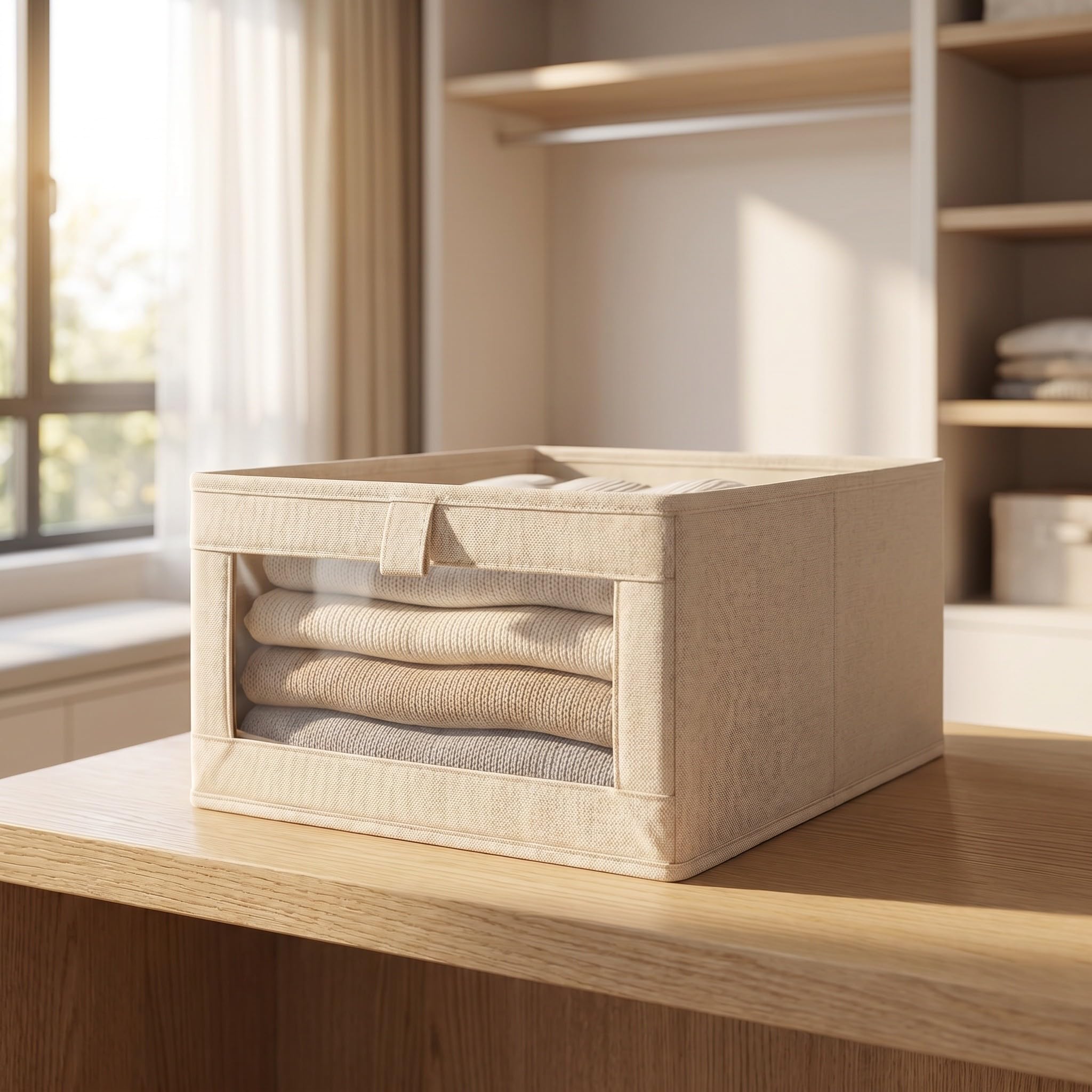 OUNONA 4 cestas de almacenamiento plegables - Cestas de tela plegables con ventana transparente para organizar la despensa, estantes, cajas de juguetes, compartimentos y armarios. Medidas: 40 x 27 x