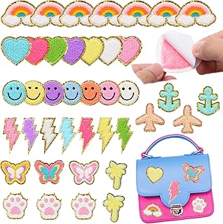 40 Pcs Cute Chenille Embroidered Patches,Self Adhesive Glitter Chenille Rainbow Heart Iron Stick on Letters Patches Applique Sew Fabric Stickers for Backpacks Clothes Hat Repair Decor