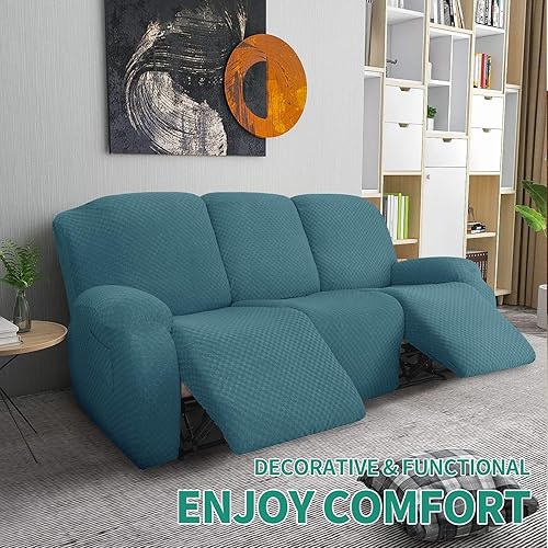 Miniatura 9 de Yemyhom Funda elástica de 8 piezas para sofá reclinable de 3 plazas, tela moderna de jacquard, con bolsillo lateral, antideslizante, con parte