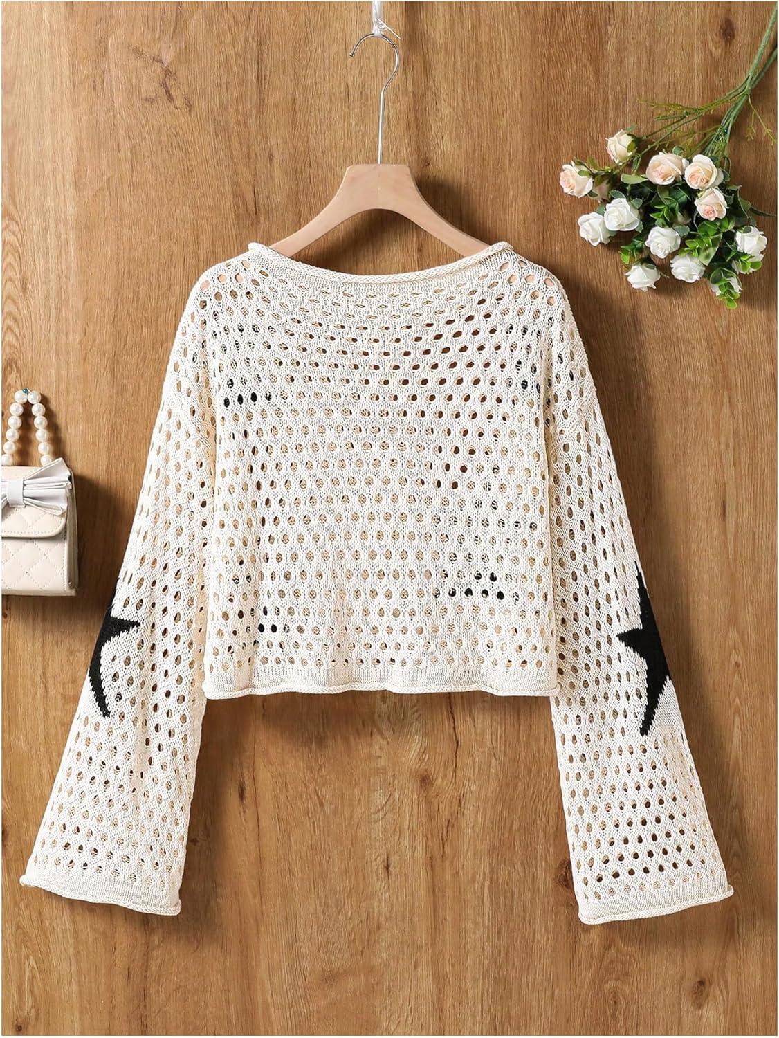Girl's Star Graphic Mesh Sweaters Cover Ups Boat Neck Flare Sleeve Pullover Knit Tops - Image 3