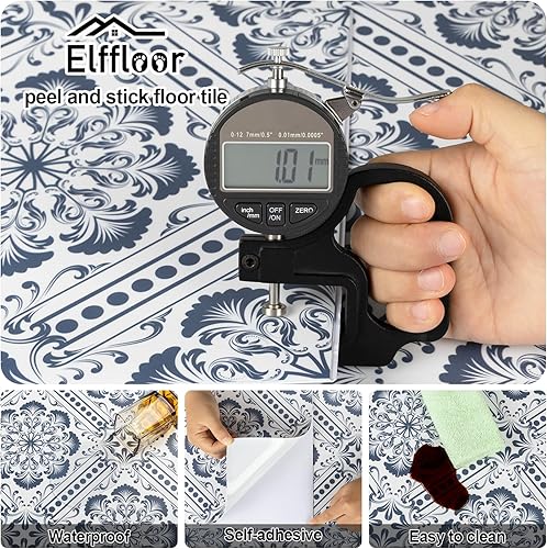 Miniatura 8 de Elffloor Azulejo de suelo autoadhesivo: 10 piezas autoadhesivas, impermeables, 11.8 x 11.8 pulgadas, diseño retro de flores azules para baño,