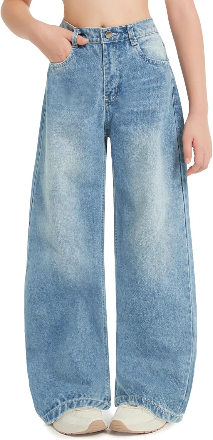 EXARUS Girls Jeans Baggy Wide Leg Cute Teen Denim Pants Junior Mid Rise Elastic Band with Pockets Casual Clothes