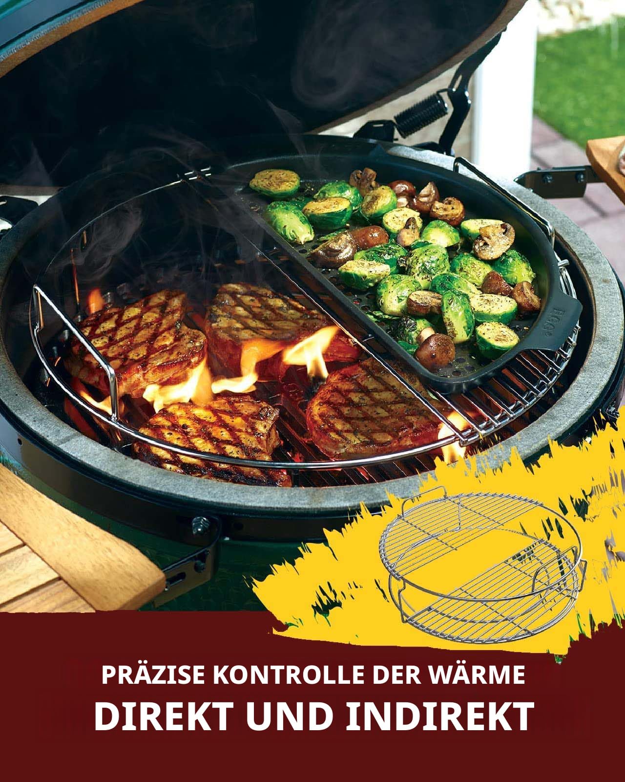 5-teiliges Edelstahl-EggSpander-Kit für Big Green Egg Large,3-Ebenen Stapelbare Grillroste + Conveggtor-Korb + 2 Halbmond-Roste,Über 40 Grillmodi & Kreatives Kochen,Langlebig,Verformungsfrei