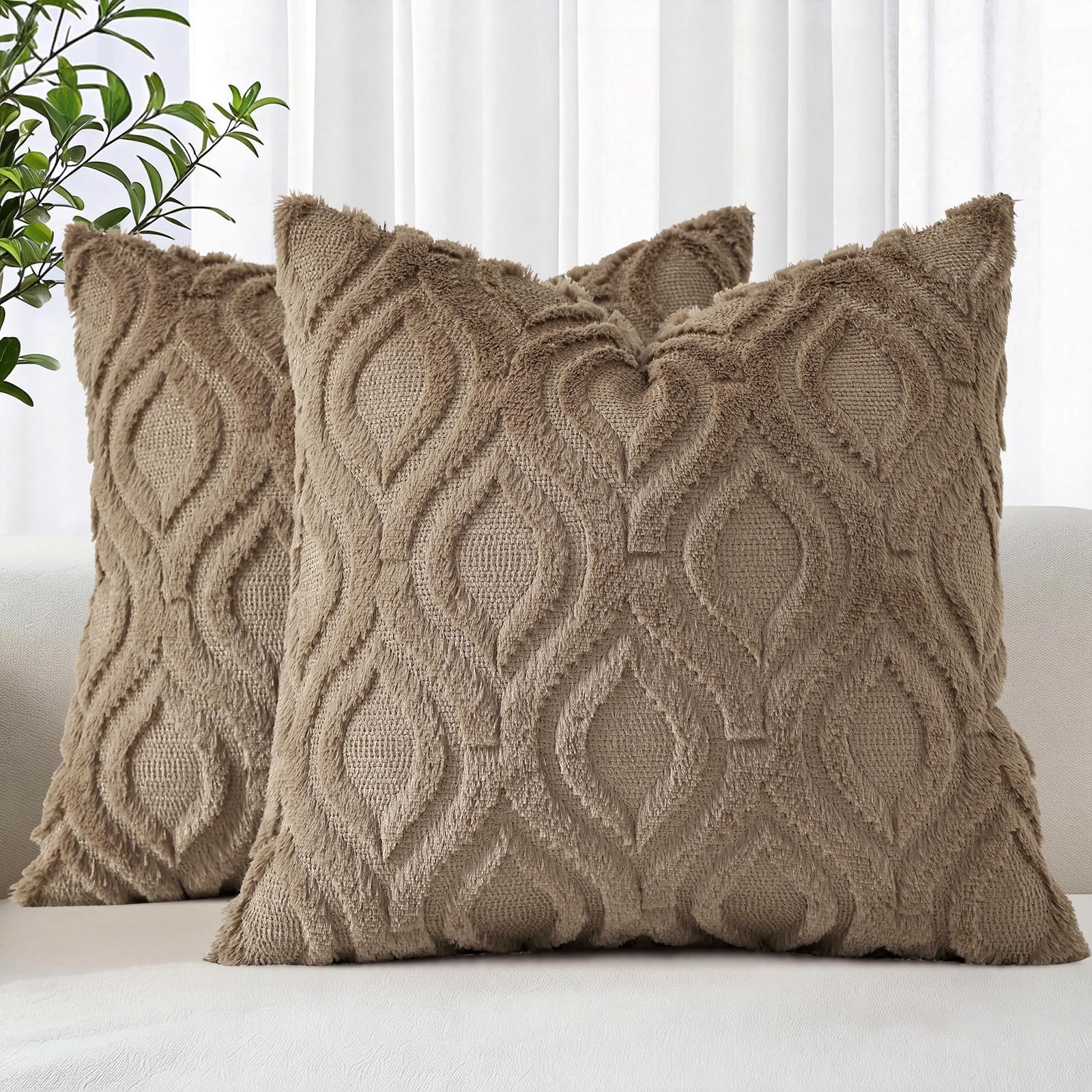 decorUhome Faux Fur Soft Light Brown Throw Pillow Covers 24x24 Set of 2