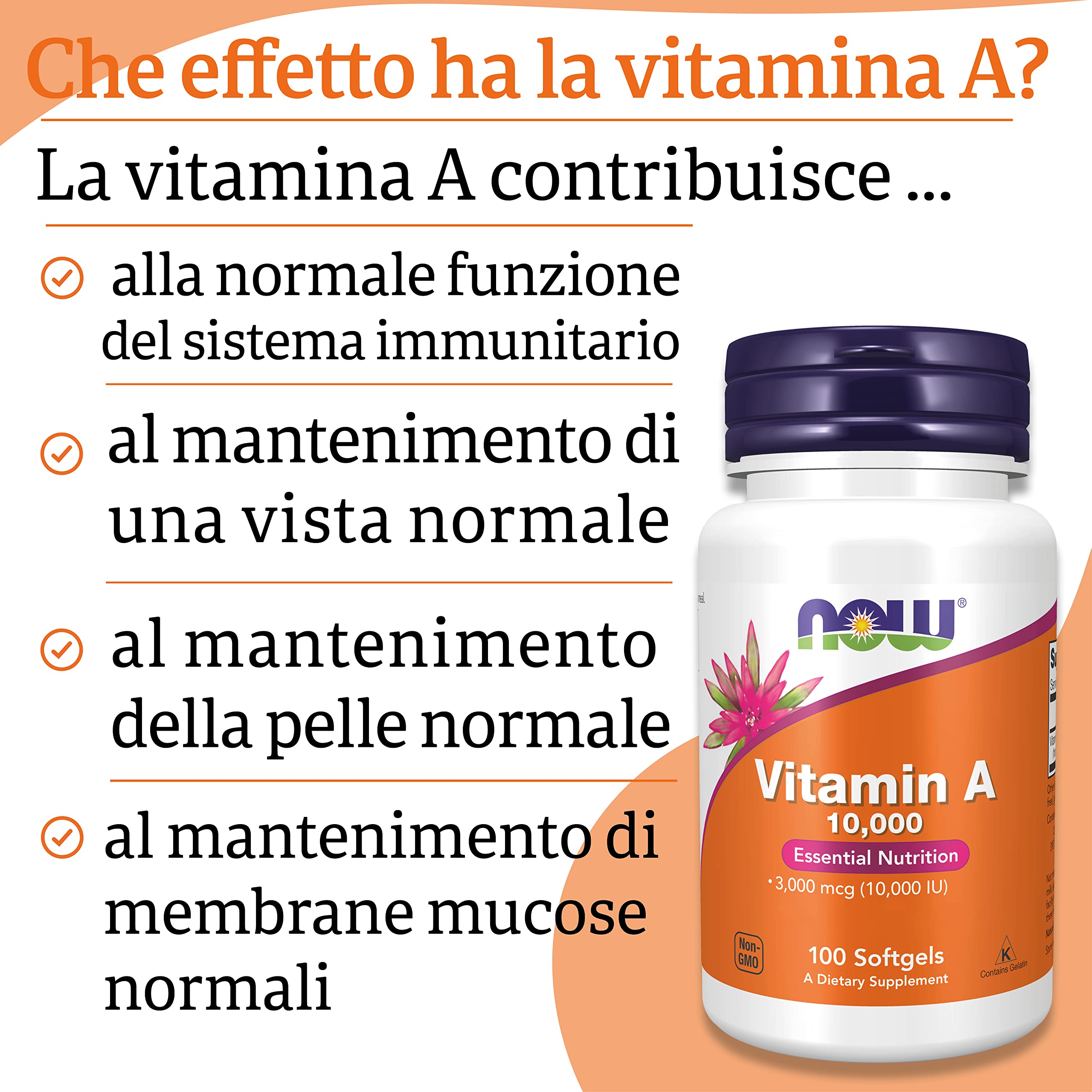 Now Foods Vitamina A 10000IU, 3000mcg, da palmitato di retinile e olio di fegato di merluzzo, ad alto dosaggio, 100 capsule, Testato in Laboratorio, Senza Glutine, Senza Soia, Non-GMO