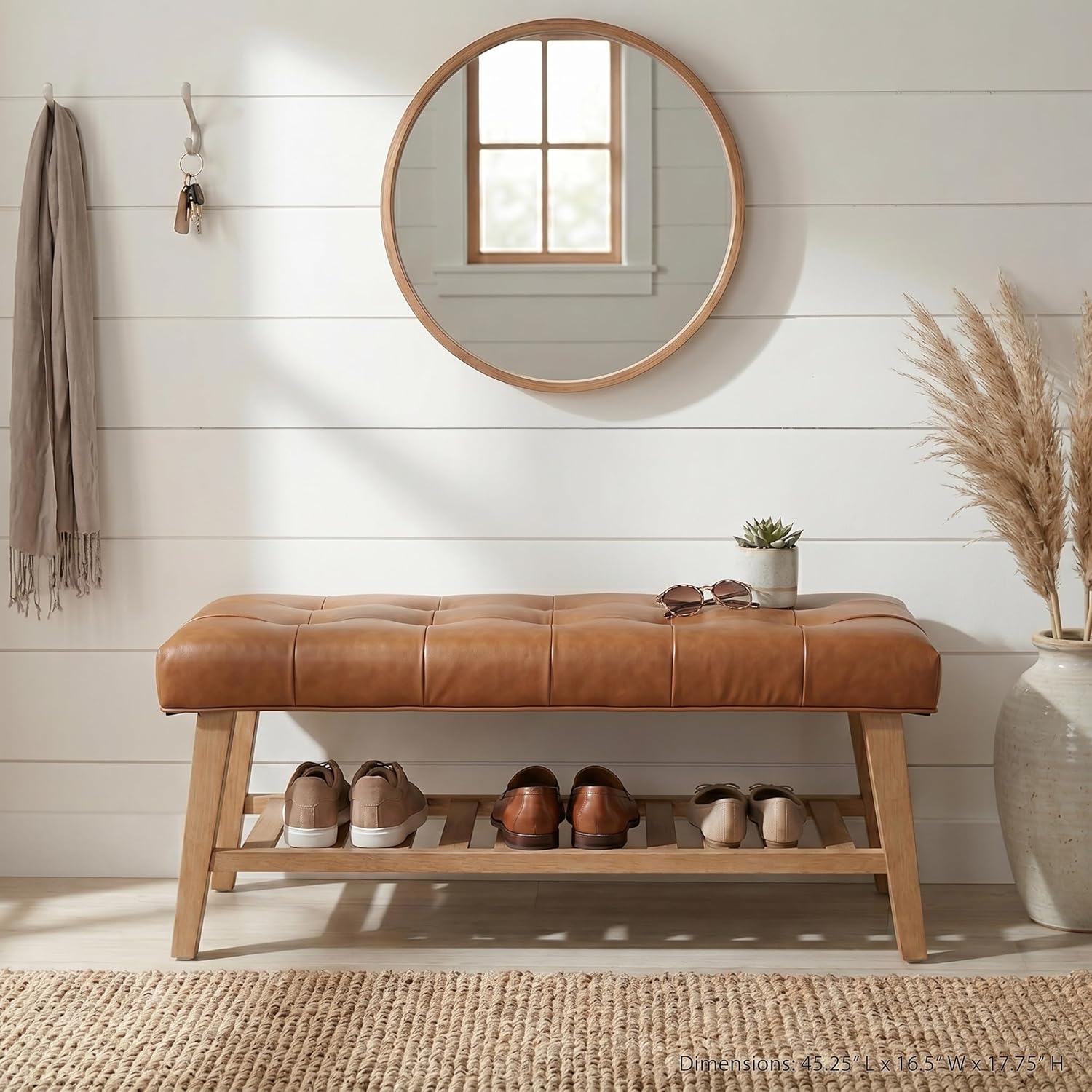 Cognac tufted faux leather entryway bench with slatted shoe shelf and natural wood legs
