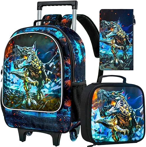 CCJPX Mochila con ruedas para niños, mochila escolar con ruedas para niños pequeños, Dinosaurio Negro