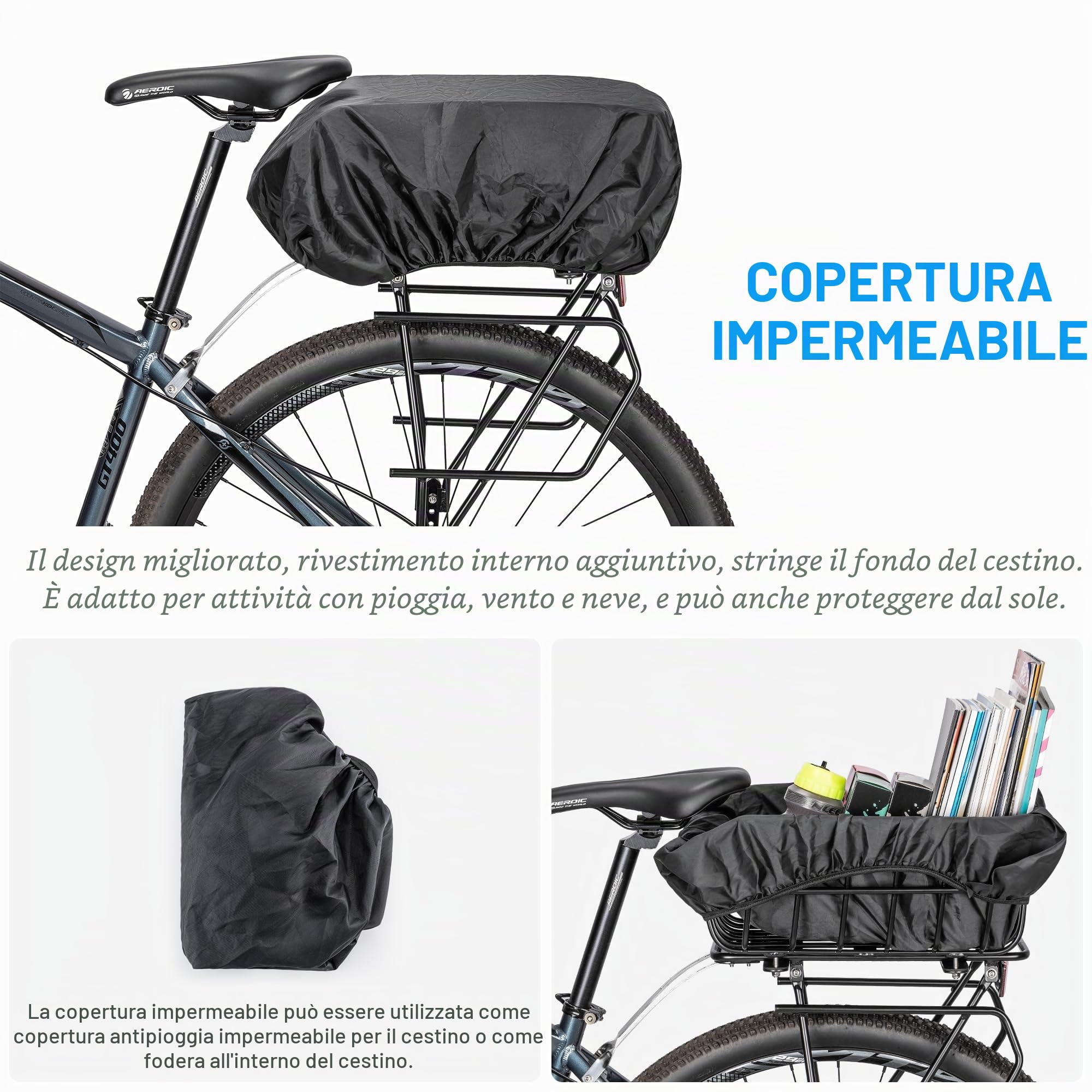 Cestino per bicicletta grande posteriore per portapacchi,Cestino per bicicletta con rete e copertura,Nero
