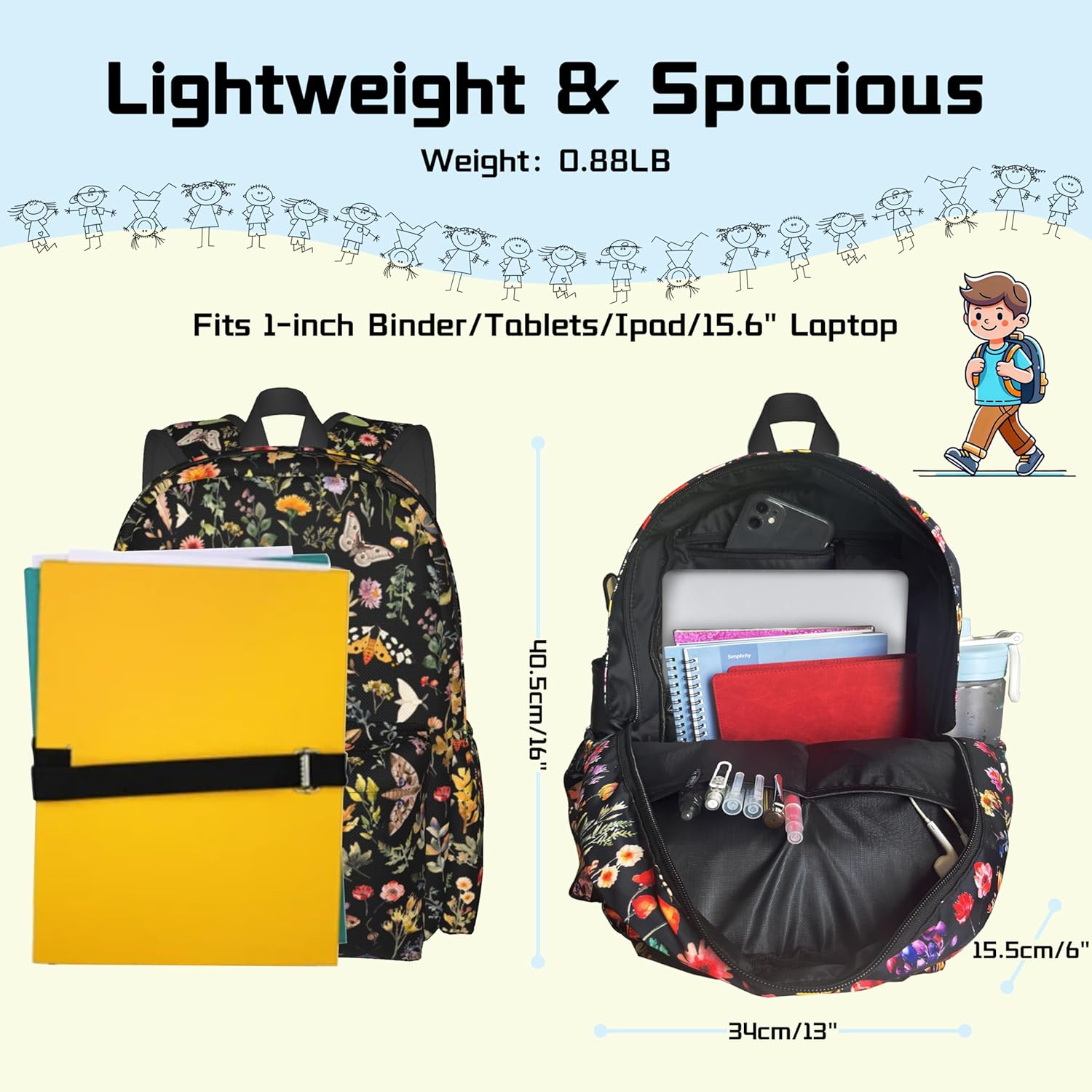Butterflies Moths Flower Backpack School Bag Lightweight Bookbag Casual Daypack for Girls Boys Kids Women Men Travel Laptop 16 Inch