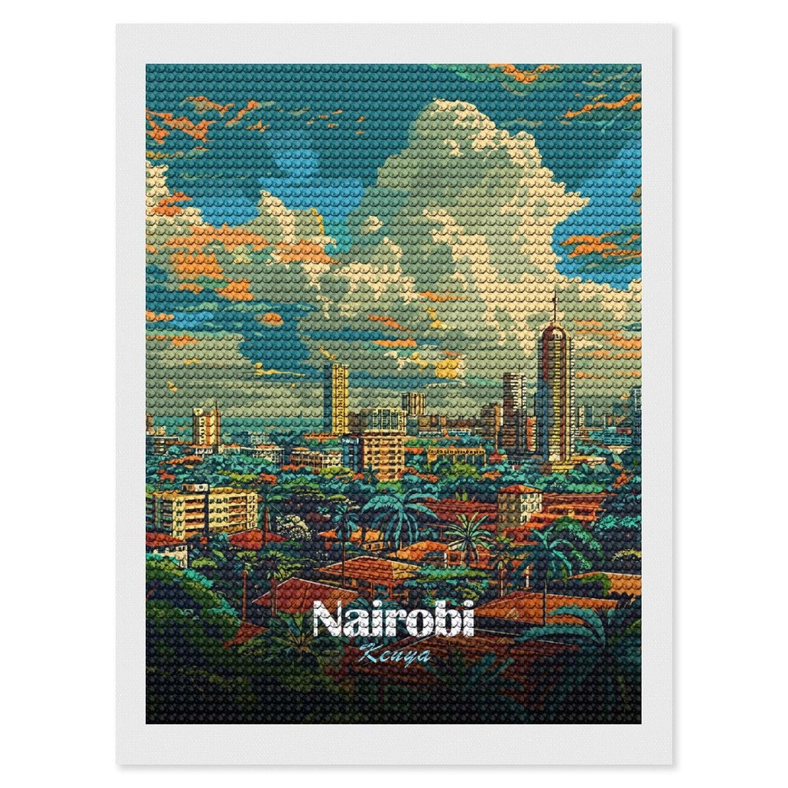 Junmoney Nairobi Skyline Illustration Diamond Painting Canvas Set 12"x16", for Adults, Sparkling Round Gems, Thoughtful Handmade Gift, Modern Decor