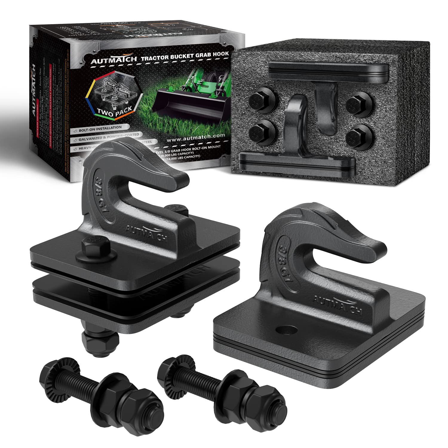 AUTMATCH Tractor Bucket Grab Hook 3/8" (2 Pack) - Grade 70 Forged Steel Bolt On Grab Hook Tow Hook Mount with Backer Plate and Rubber Pads, Max 18,000Lbs Work for Loader, Tractor Bucket, Gunmetal Gray