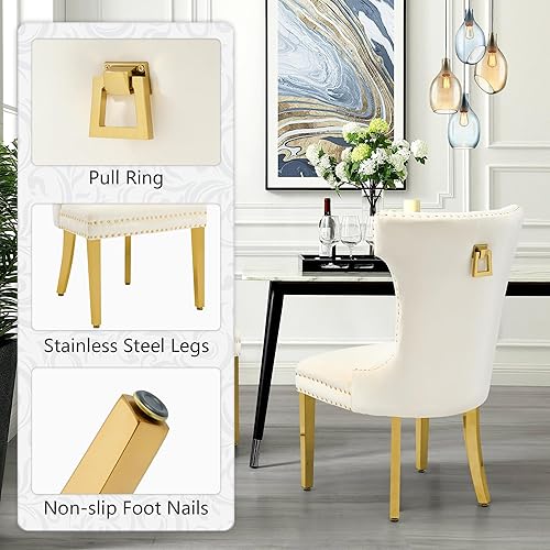 Miniatura 5 de Juego de 2 sillas de comedor de terciopelo, sillas de comedor tapizadas con patas de acero inoxidable, silla de cocina copetuda con botón trasero y