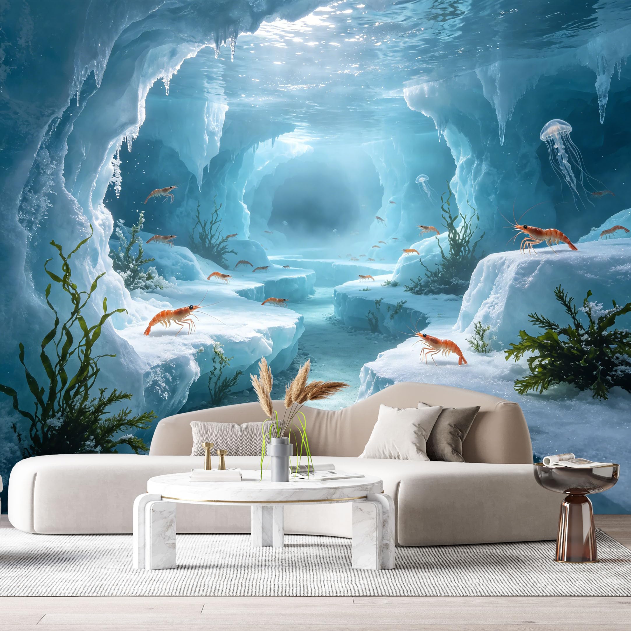 Custom Size Wall Murals Ocean Marine 3D Underwater Ice Cave Jellyfish Shrimp SelfAdhesiveWall Fabric Removable Wallpaper Wall Decor for Living Room Bedroom Bathroom