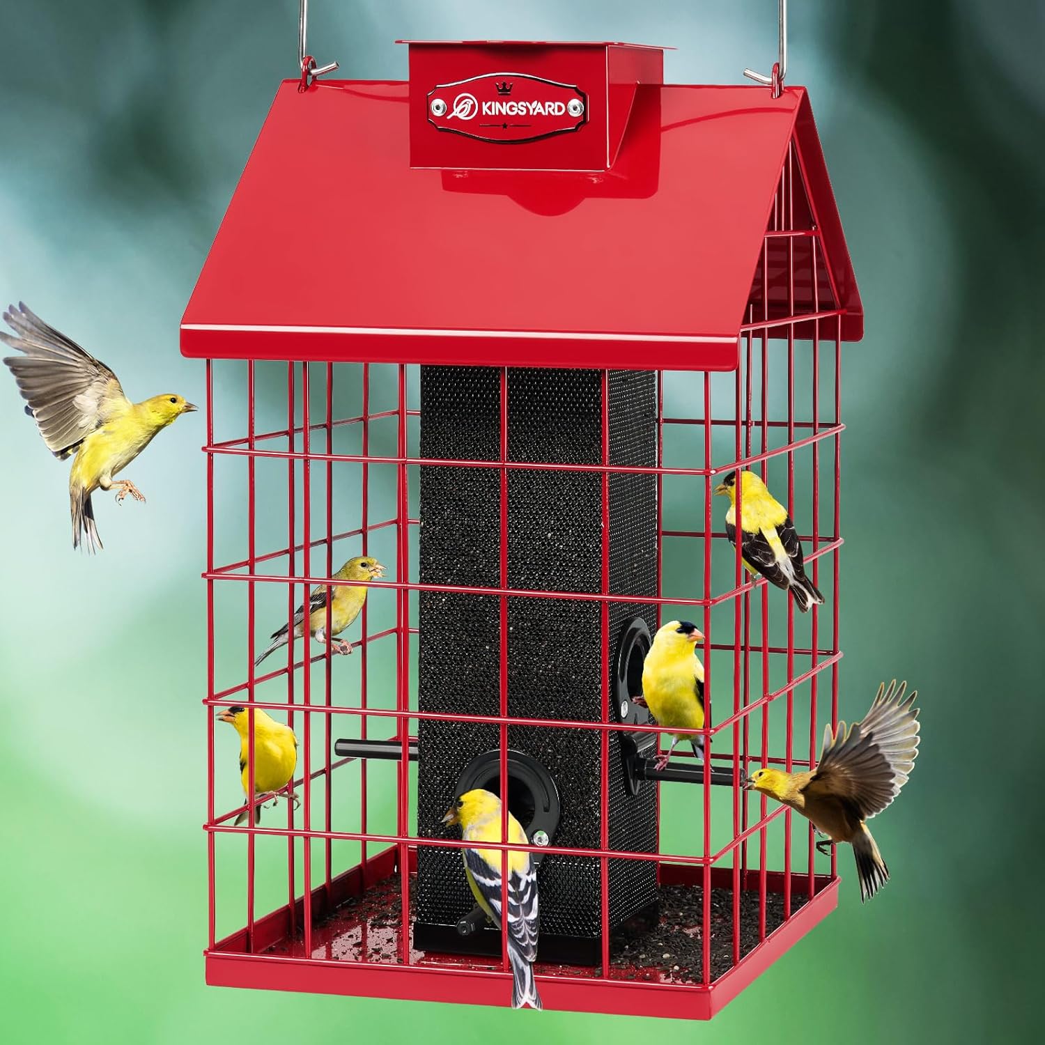 Kingsyard Squirrel Proof Caged Bird Feeder for Outdoor Hanging - Weatherproof Metal Mesh Tube Finch Bird Feeder with 4 Ports for Nyjer/Thistle Seed, Small Birds Goldfinches, Chickadees, Red