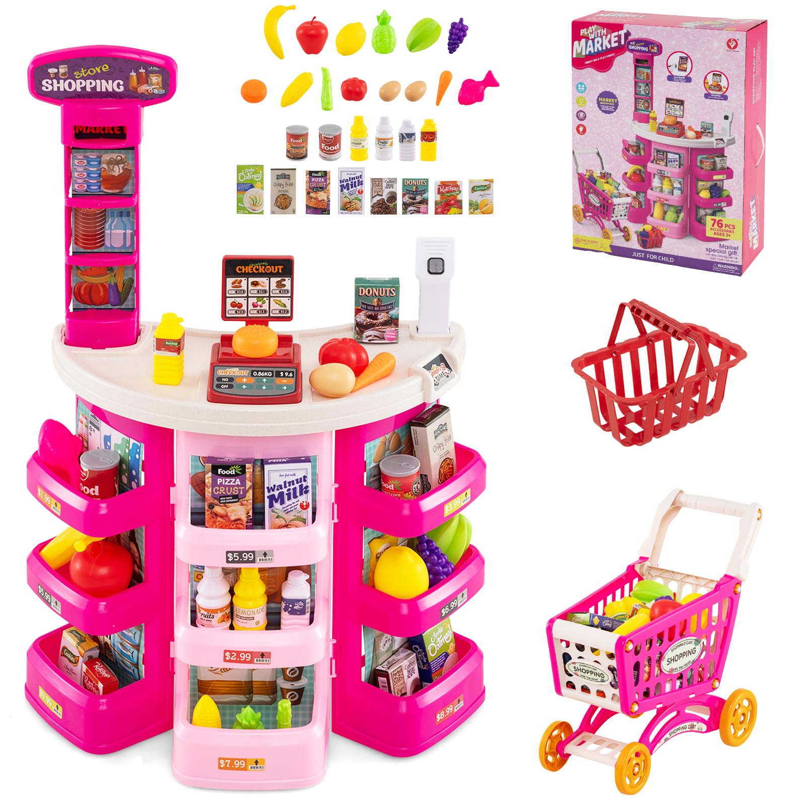 GOPLUS Supermercado para Niños con Mostrador, Carrito de Compras y Cesta, Balanza Simulada, Caja Registradora con Luz y Sonido, Supermercado de Juguete con 76 Accesorios para 3+ Años (Rosa)