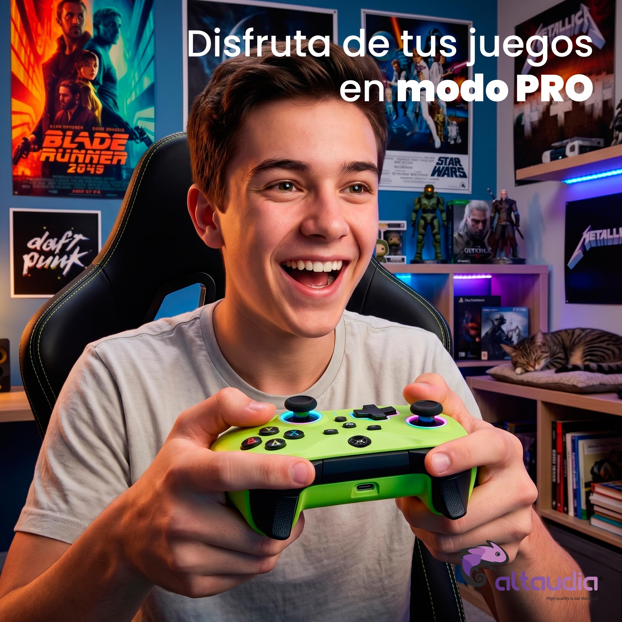 Altaudia Mando Inalámbrico Bluetooth para PC - Compatible con PC, Switch/Smartphone Android y iOS, Conexión USB, 2 Botones Macro, Vibración Dual, 6 Ejes, Luces LED RGB, Color Verde