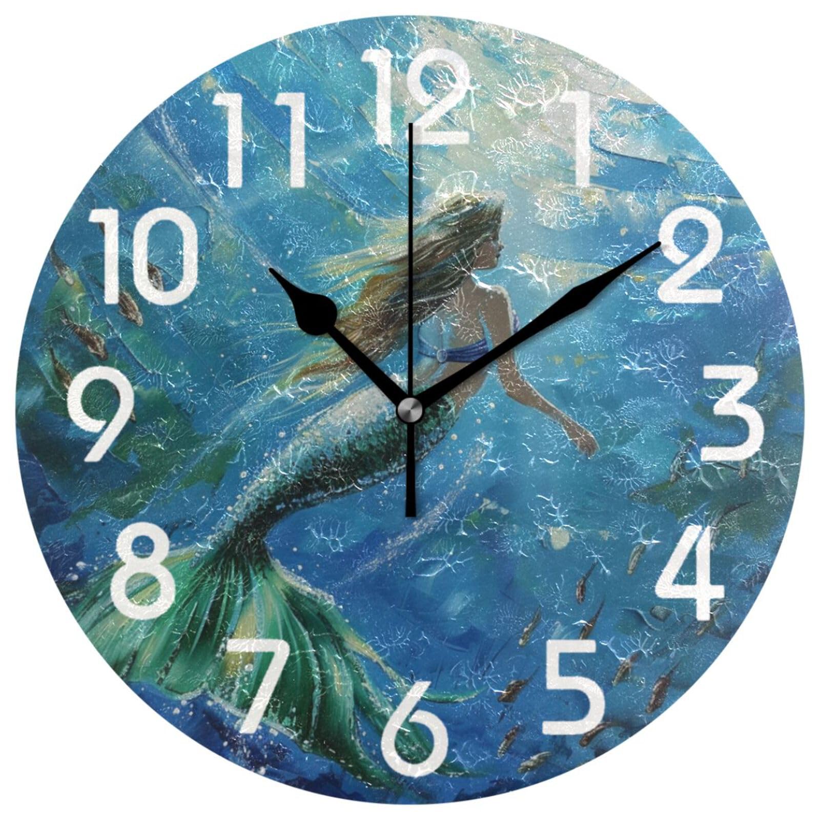ZzWwR Beautiful Magic Ocean Mermaid Fish Painting Round Wall Clock, 10 Inch Analog Quiet Non Ticking Desk Clock for Home Kitchen/Living Room/Bedroom/
