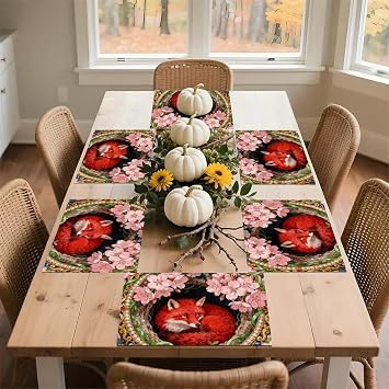 Fox Fern Bloom Placemats 30x45cm*6 Linen Heat Resistant Placemats Waterproof Table Place Mats Washable Wipeable Outdoor Placemat for Kitchen Dining Room Table Decorations