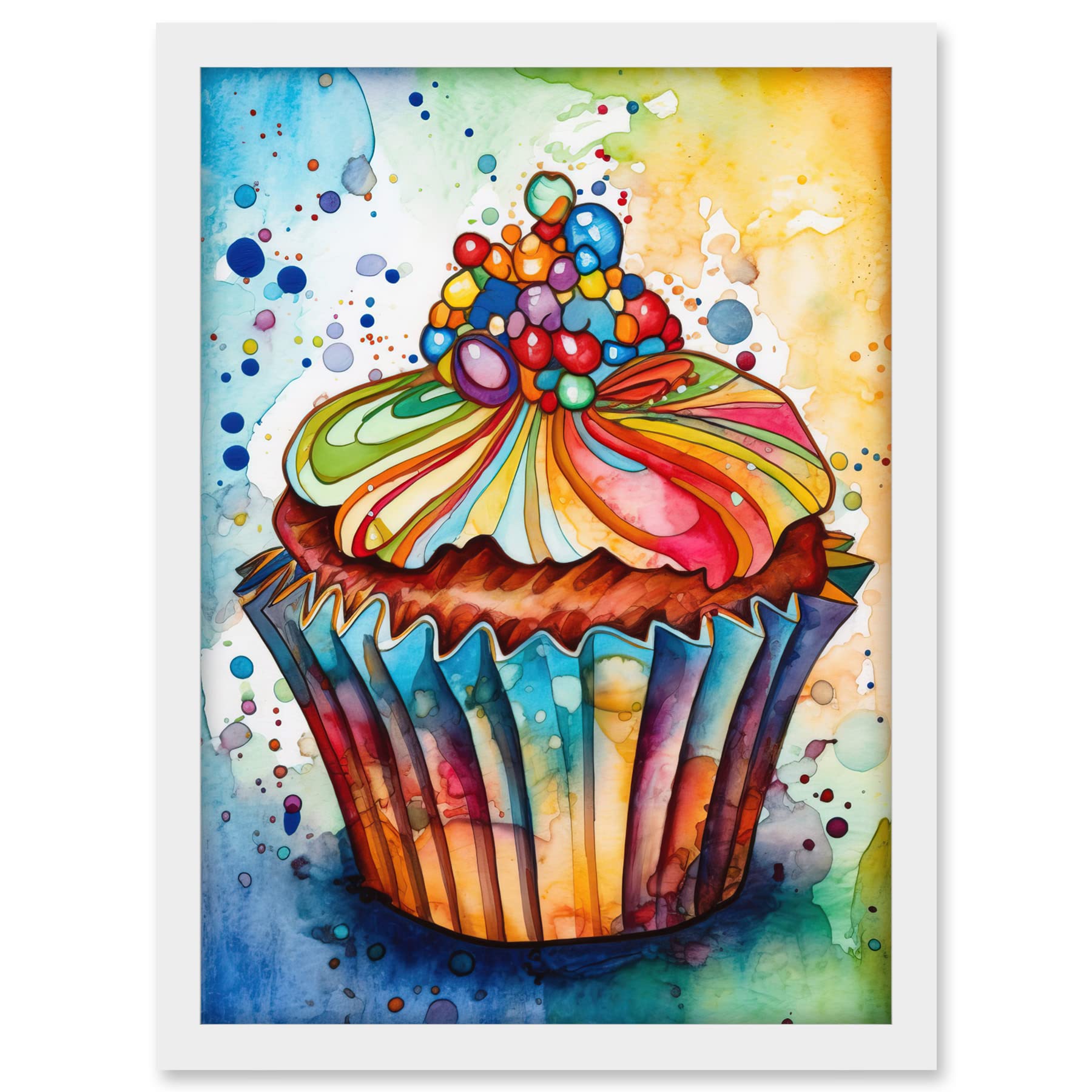 Artery8 Cupcake With Sprinkles Vibrant Watercolour Painting Artwork Framed A3 Wall Art Print