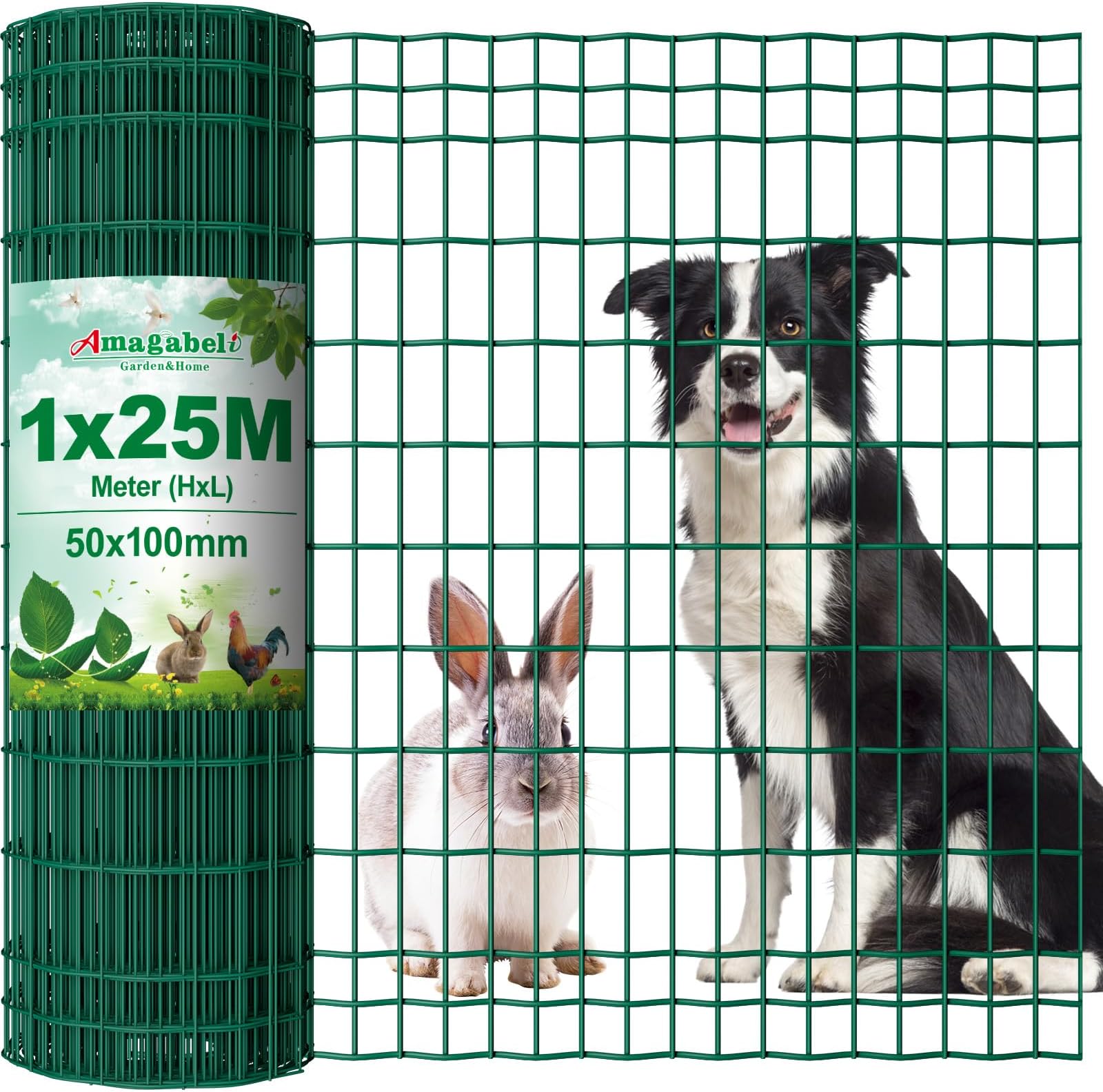Amagabeli Garden Home 1M X 25M Green Wire Mesh Fencing RAL6005 PVC Coated 50 x 100mm Mesh Size 2.1mm Wire Diameter Galvanized Wire Fence Poultry Netting Chicken Wire Hardware Cloth