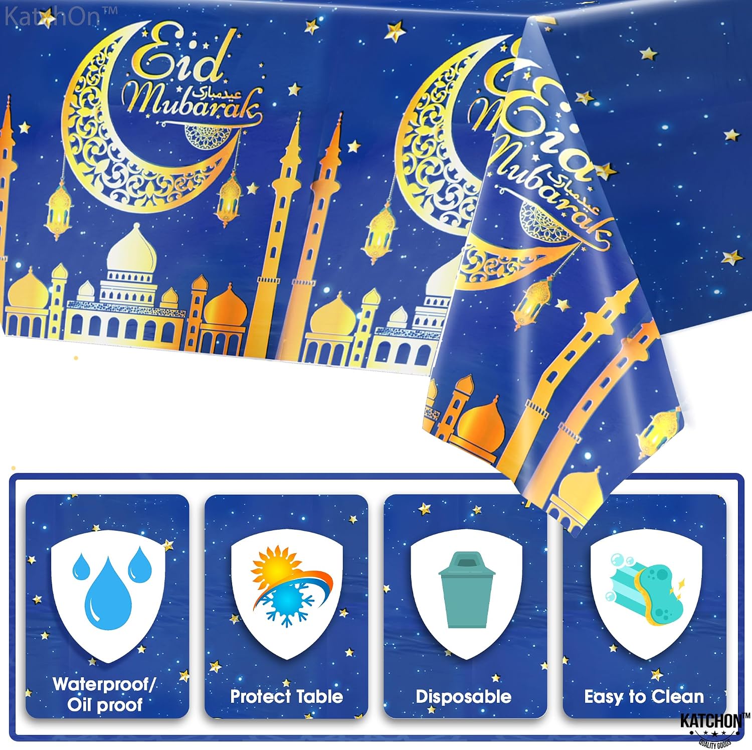 KatchOn, Blue Eid Mubarak Table Cloth - 108x54 Inch, Pack of 3 | Eid Mubarak Table Cover for Eid Decorations for Home | Eid Mubarak Decorations, Eid Decorations for Table, Eid Table Cloth