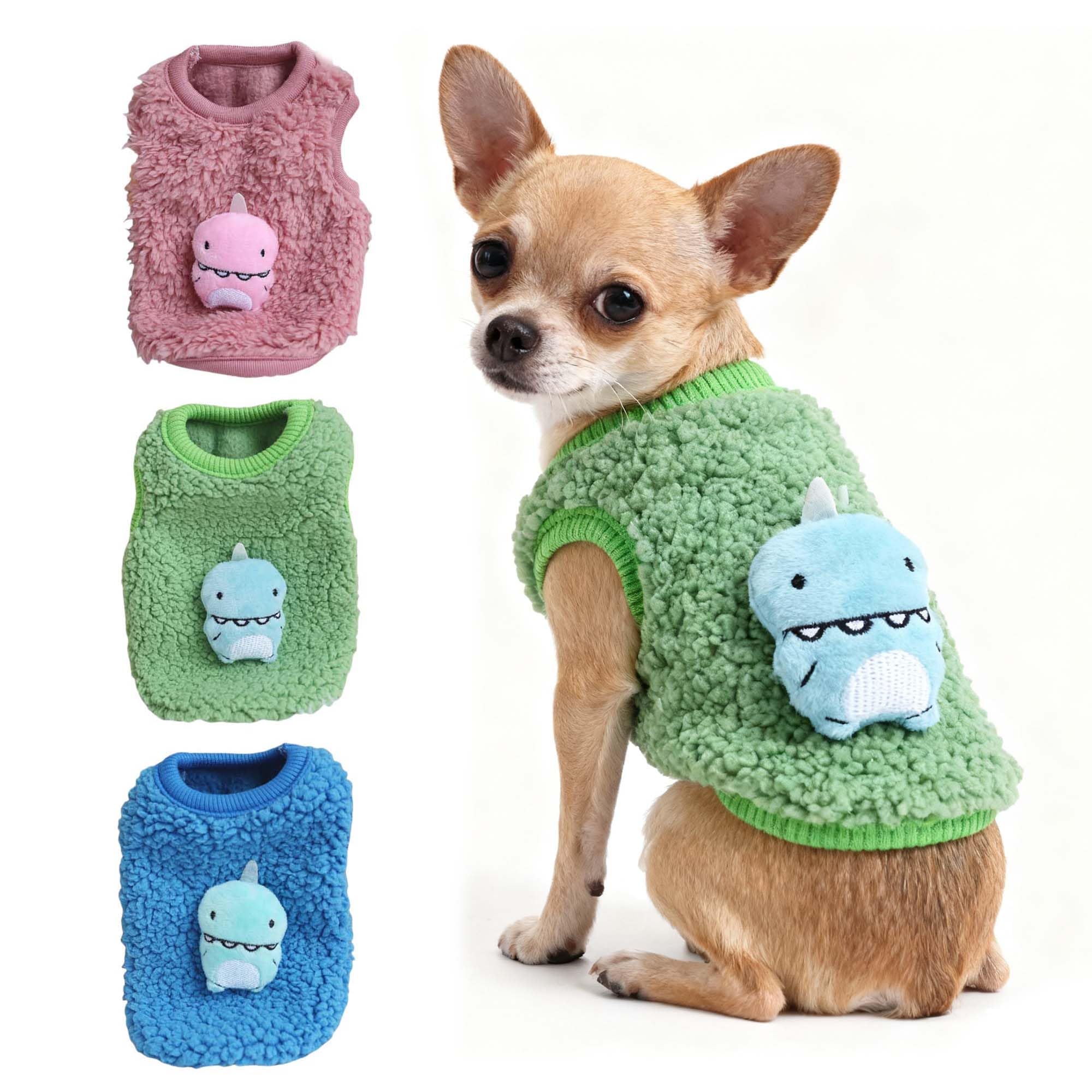 FLAdorepet 3 Packs Teacup Dog Cat XXS Clothes for Chihuahua Yorkie,Winter Warm Fleece Puppy Pet Clothes Sweater Shirt Vest for Mini Newborn Extra Small Dogs (Cute Dnosaur, XXS(Pet 1-2LBS))