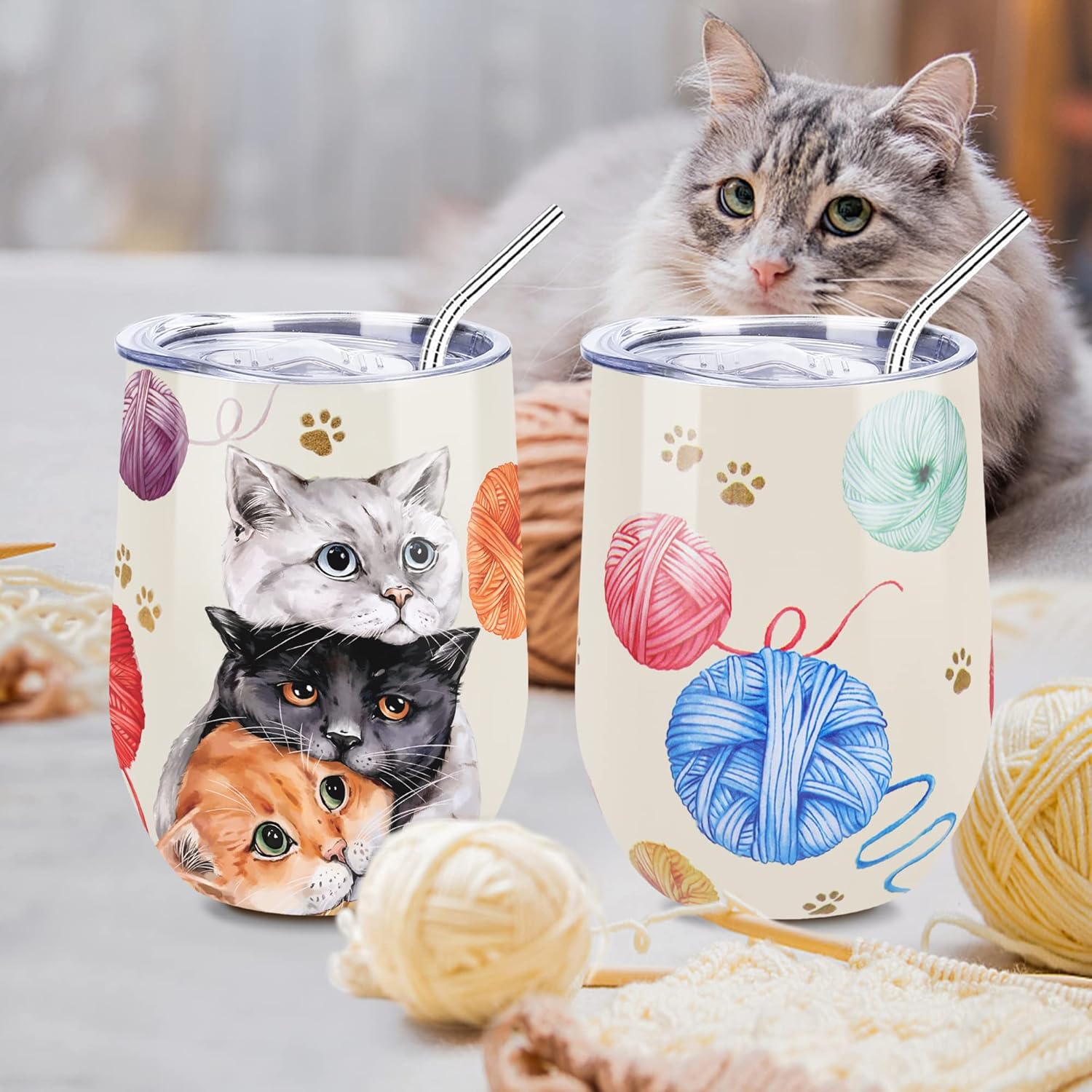 NymphFable 12oz Cat Cup Wine Tumbler With Straw and Lid Stainless Steel Travel Mug Insulated Double Wall - Image 6